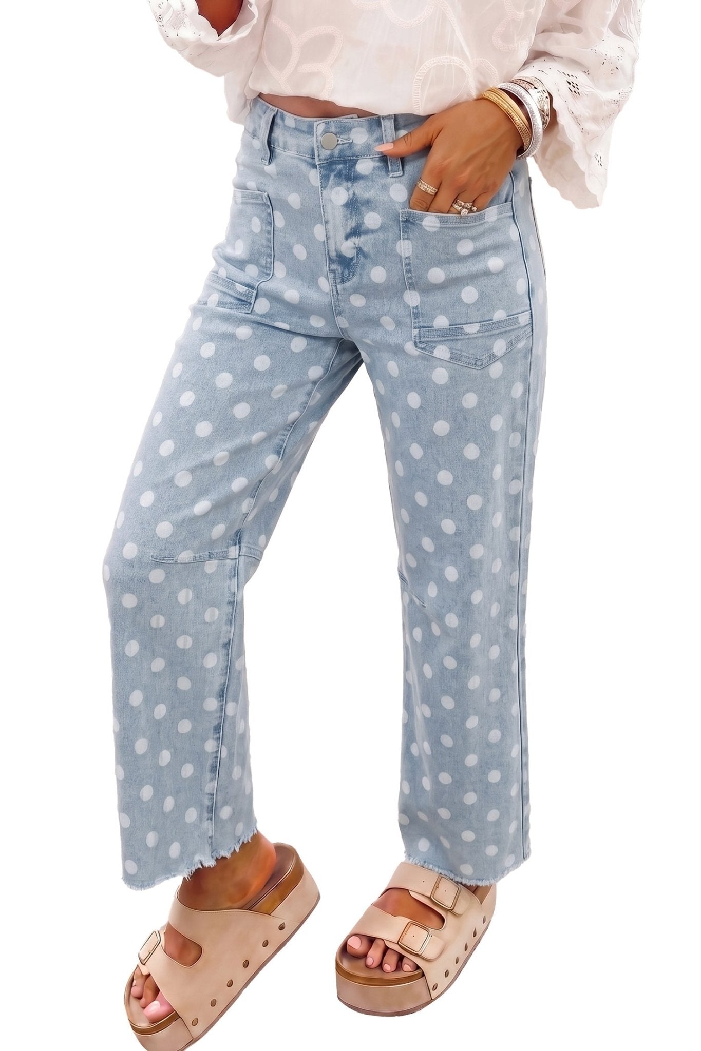 Polka Dot Denim Raw Hem Barrel Jeans - Rooted & Reckless Co.