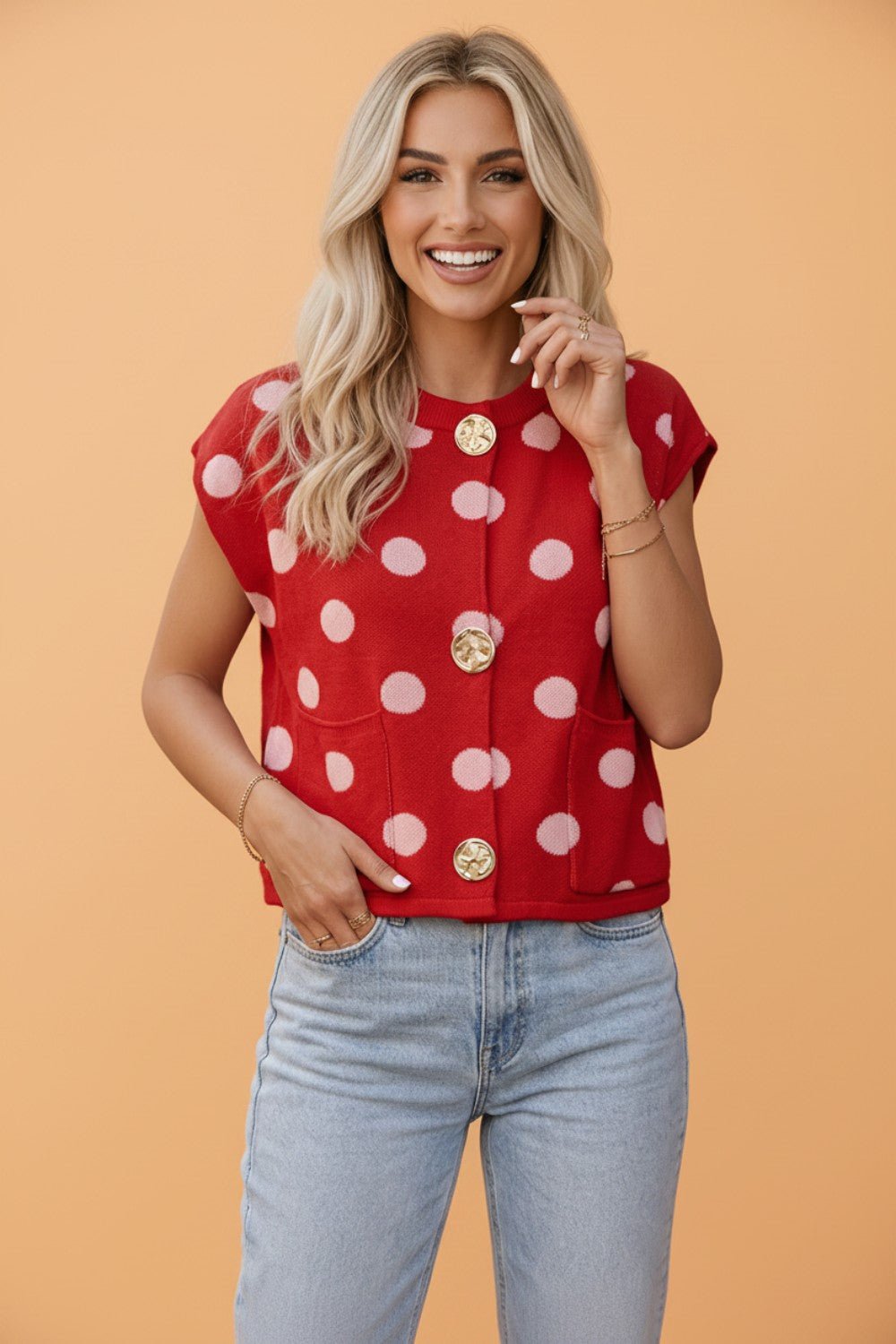 Polka Dot Drop Shoulder Buttoned Knit Vest - Rooted & Reckless Co.