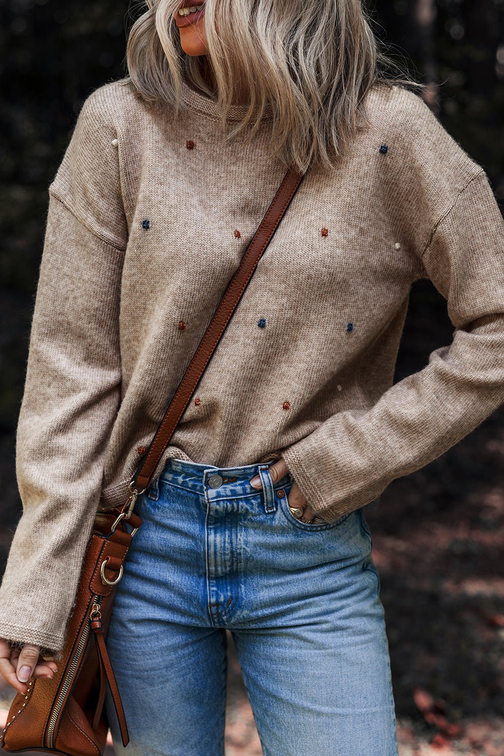 Polka Dot Drop Shoulder Sweater - Rooted & Reckless Co.