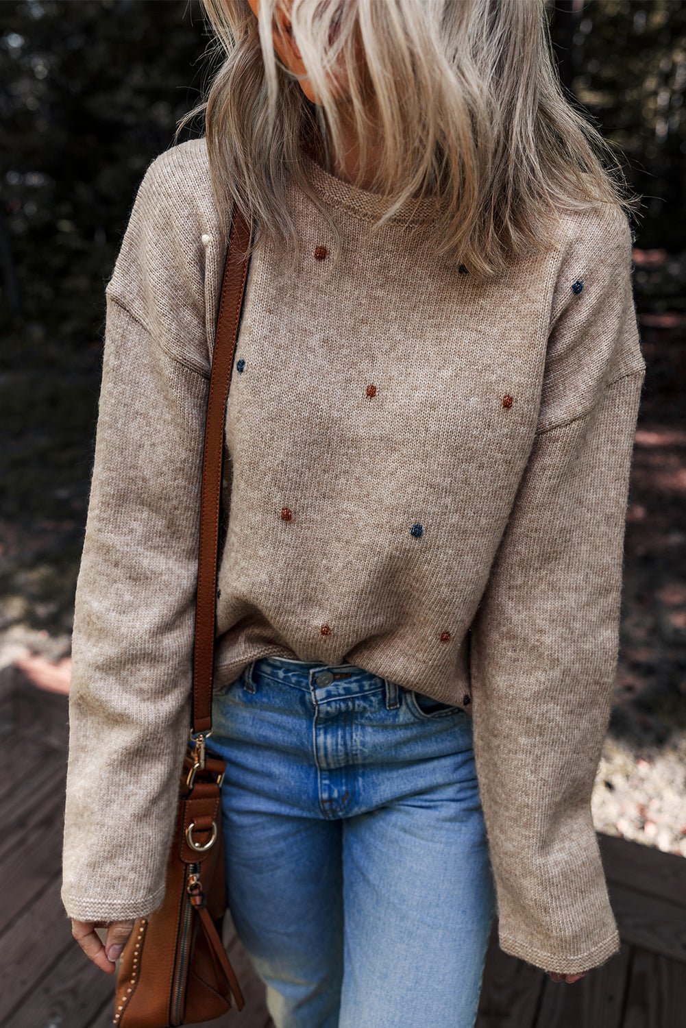 Polka Dot Drop Shoulder Sweater - Rooted & Reckless Co.