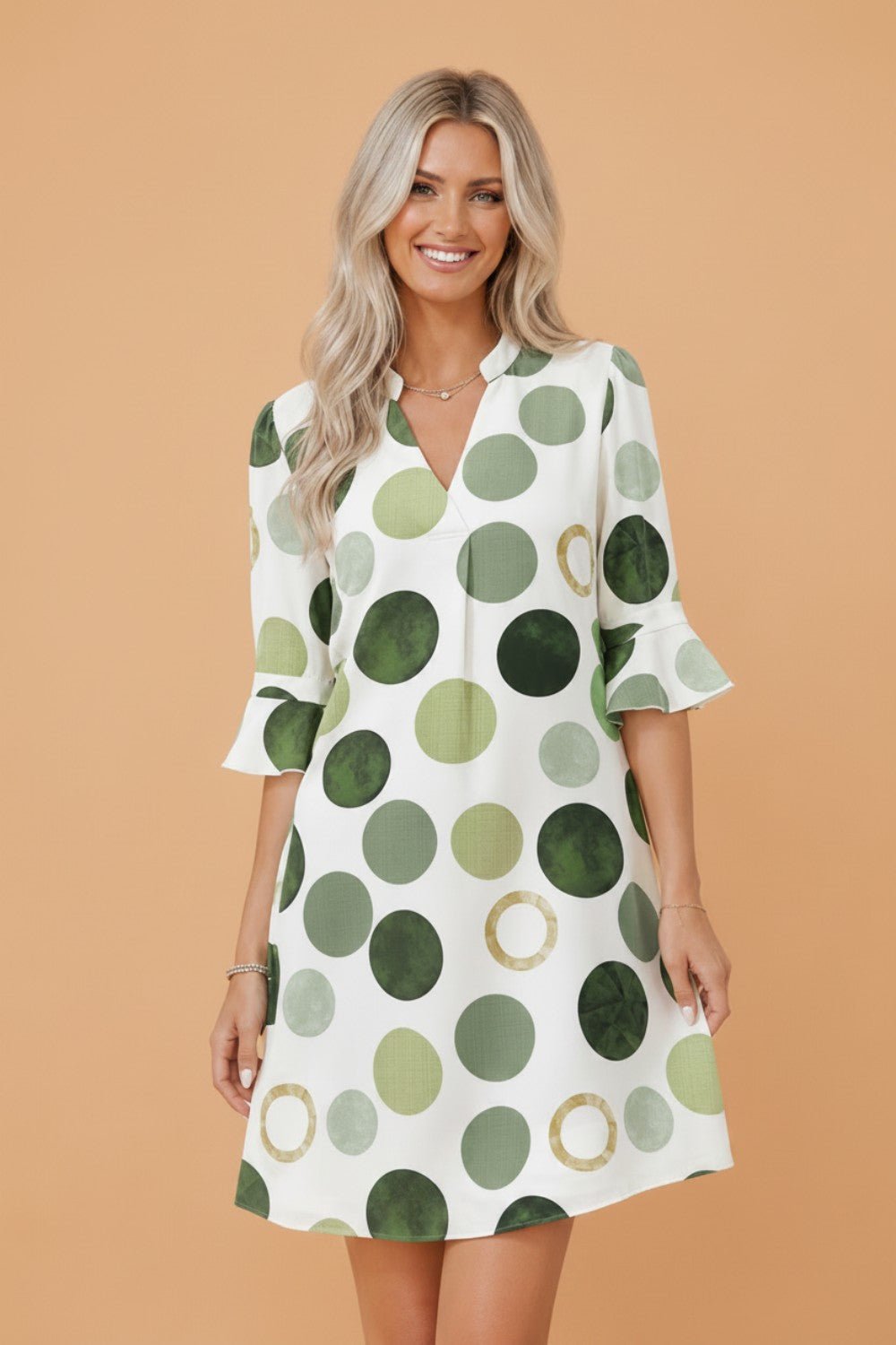 Polka Dot Flounced 3/4 Sleeve Mini Dress - Rooted & Reckless Co.