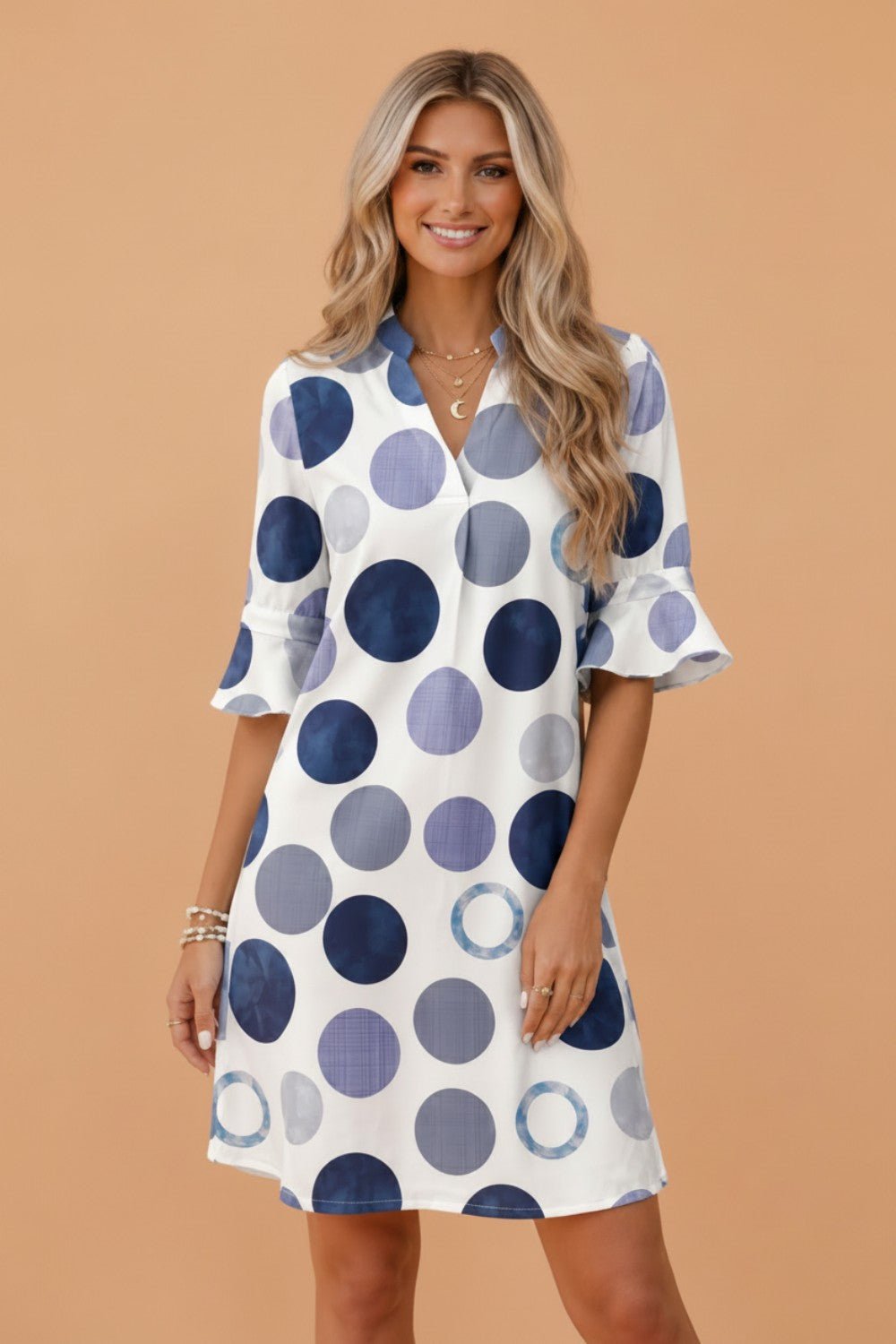 Polka Dot Flounced 3/4 Sleeve Mini Dress - Rooted & Reckless Co.
