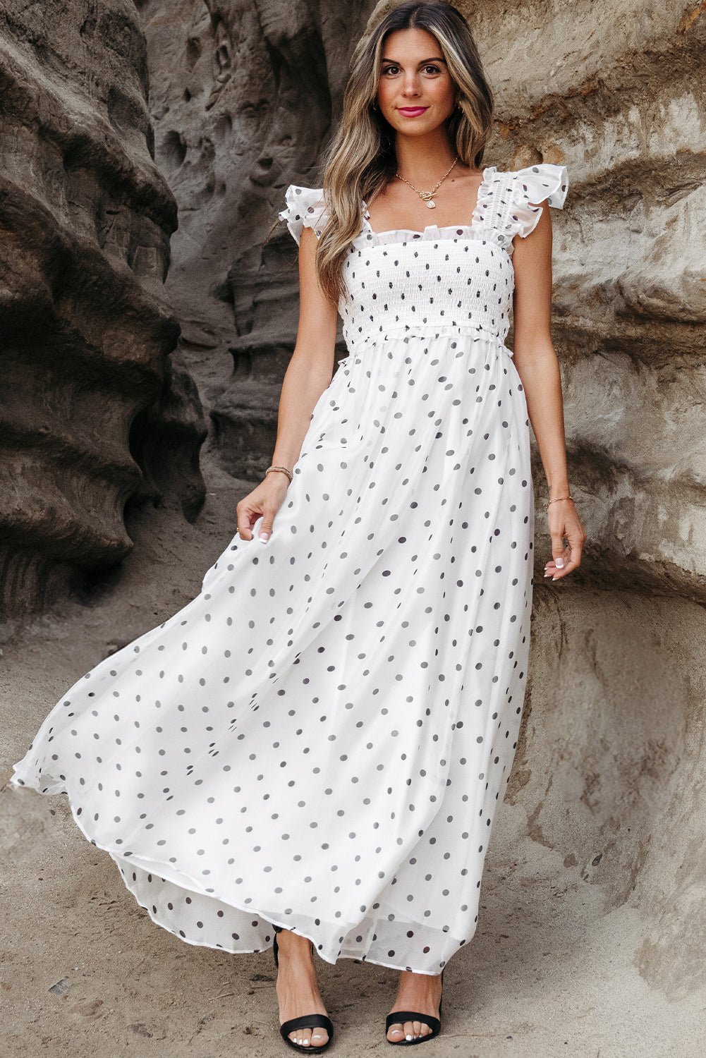 Polka Dot Flutter Sleeve Smocked Maxi Dress - Rooted & Reckless Co.