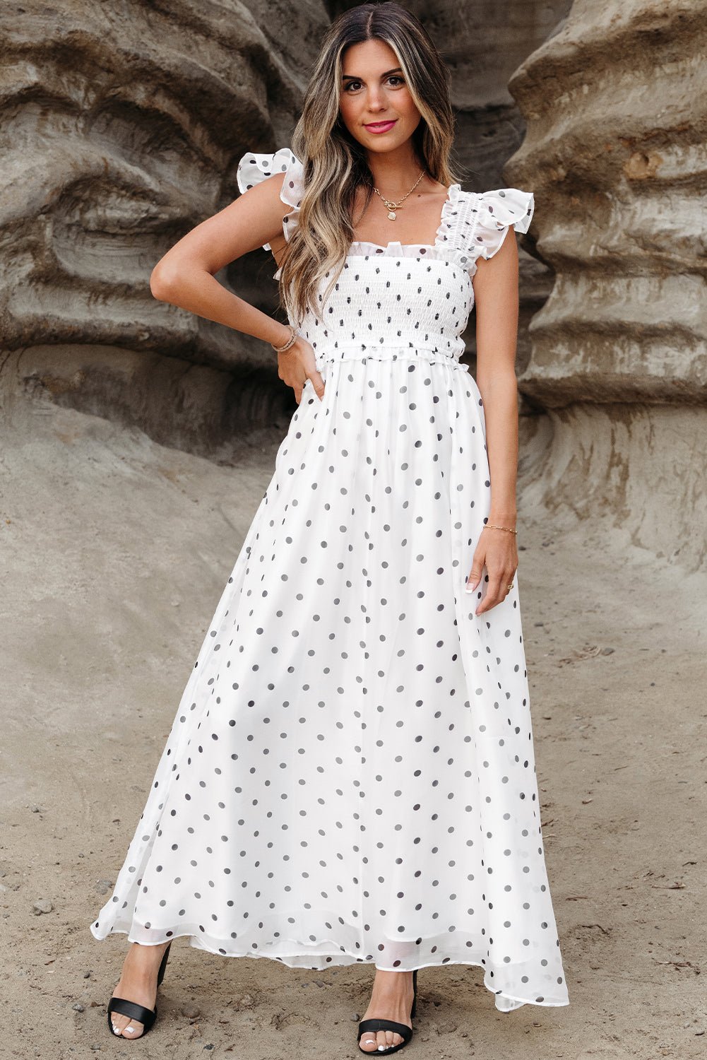 Polka Dot Flutter Sleeve Smocked Maxi Dress - Rooted & Reckless Co.