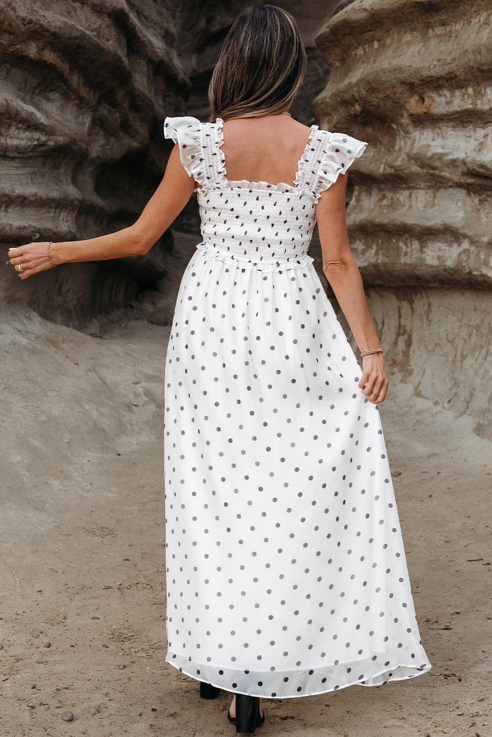 Polka Dot Flutter Sleeve Smocked Maxi Dress - Rooted & Reckless Co.