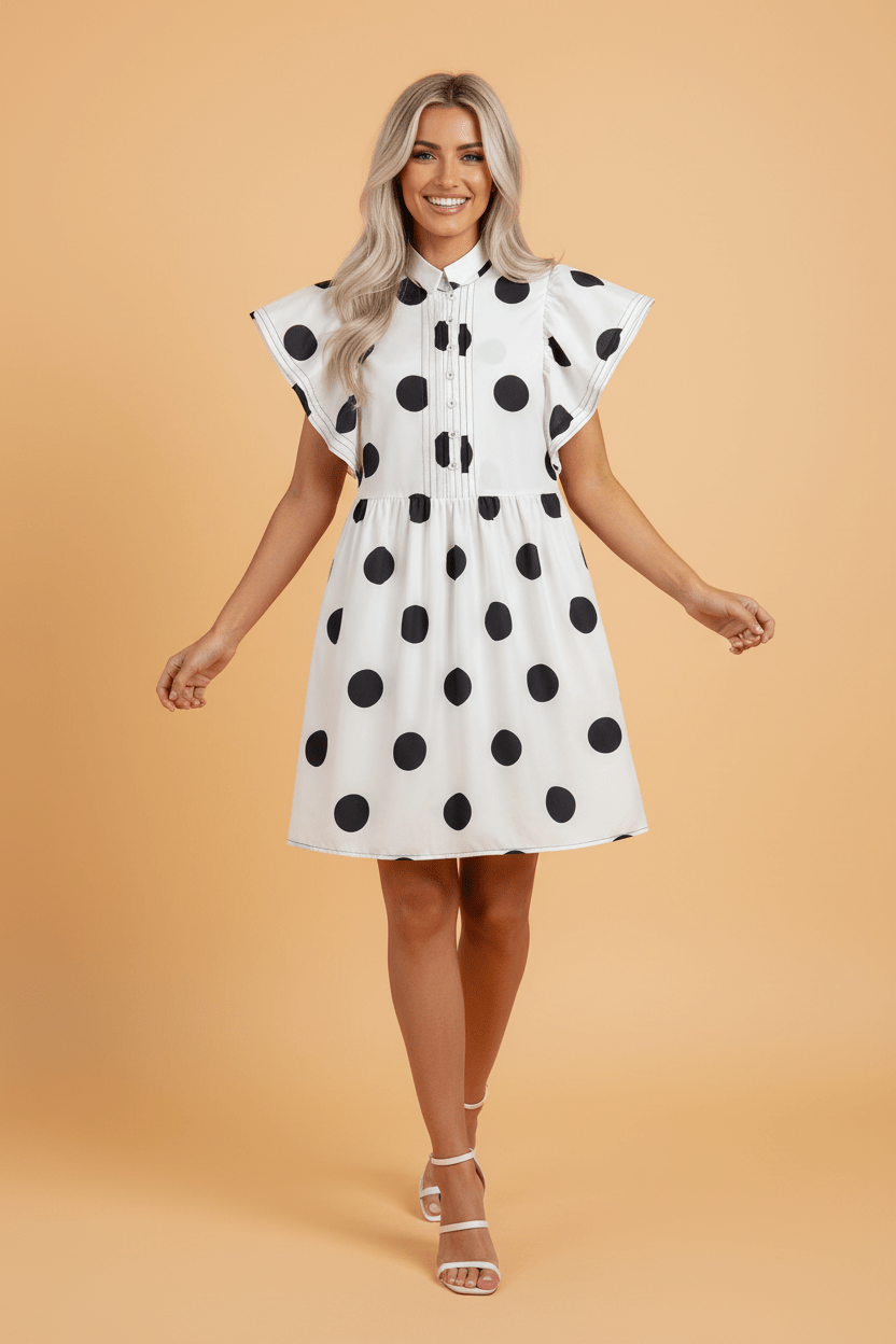 Polka Dot Half Button Ruffle Sleeve Mini Dress - Rooted & Reckless Co.