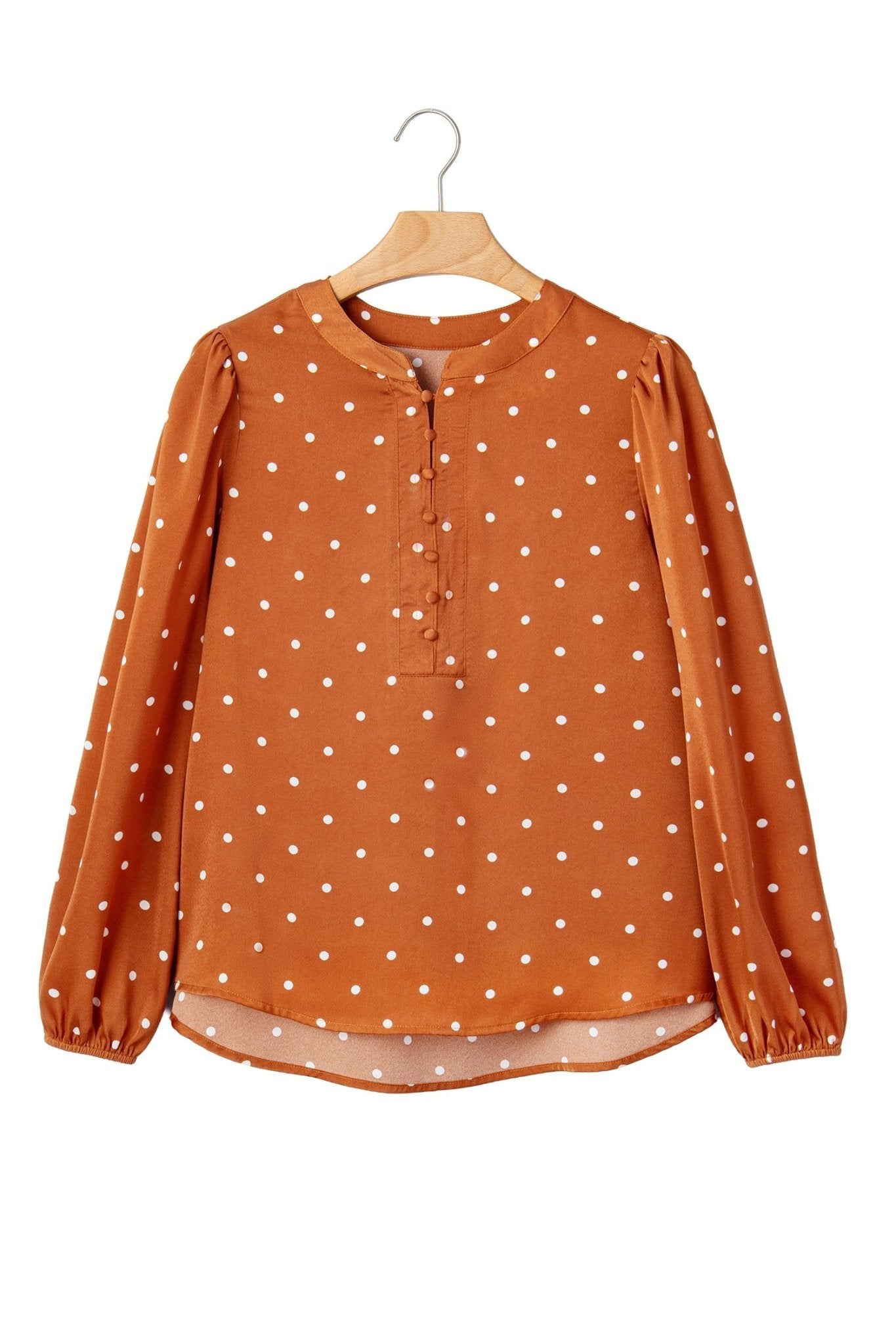 Polka Dot Half Button V-Neck Long Sleeve Blouse - Rooted & Reckless Co.