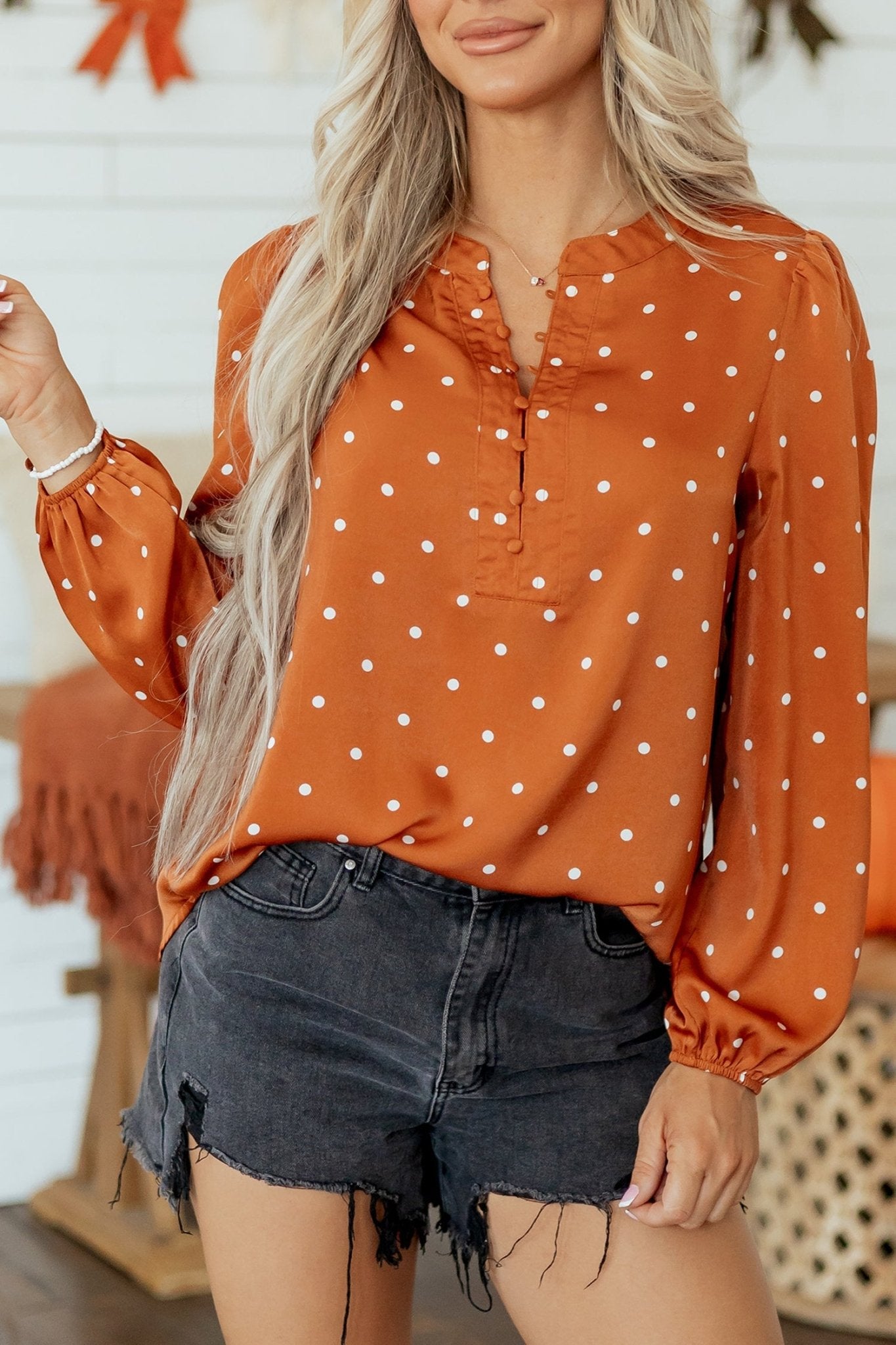 Polka Dot Half Button V-Neck Long Sleeve Blouse - Rooted & Reckless Co.