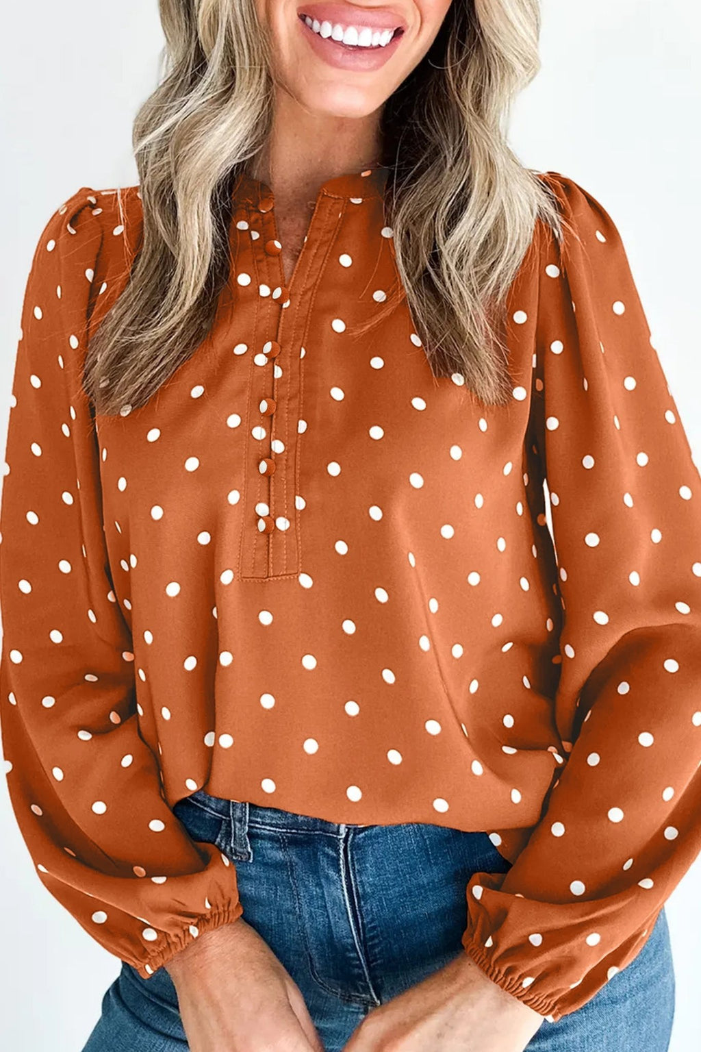 Polka Dot Half Button V-Neck Long Sleeve Blouse - Rooted & Reckless Co.