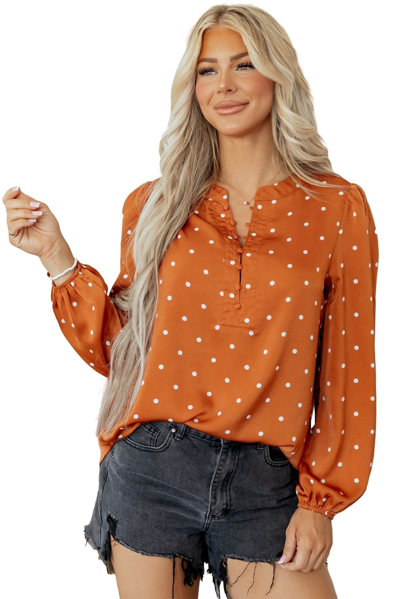 Polka Dot Half Button V-Neck Long Sleeve Blouse - Rooted & Reckless Co.