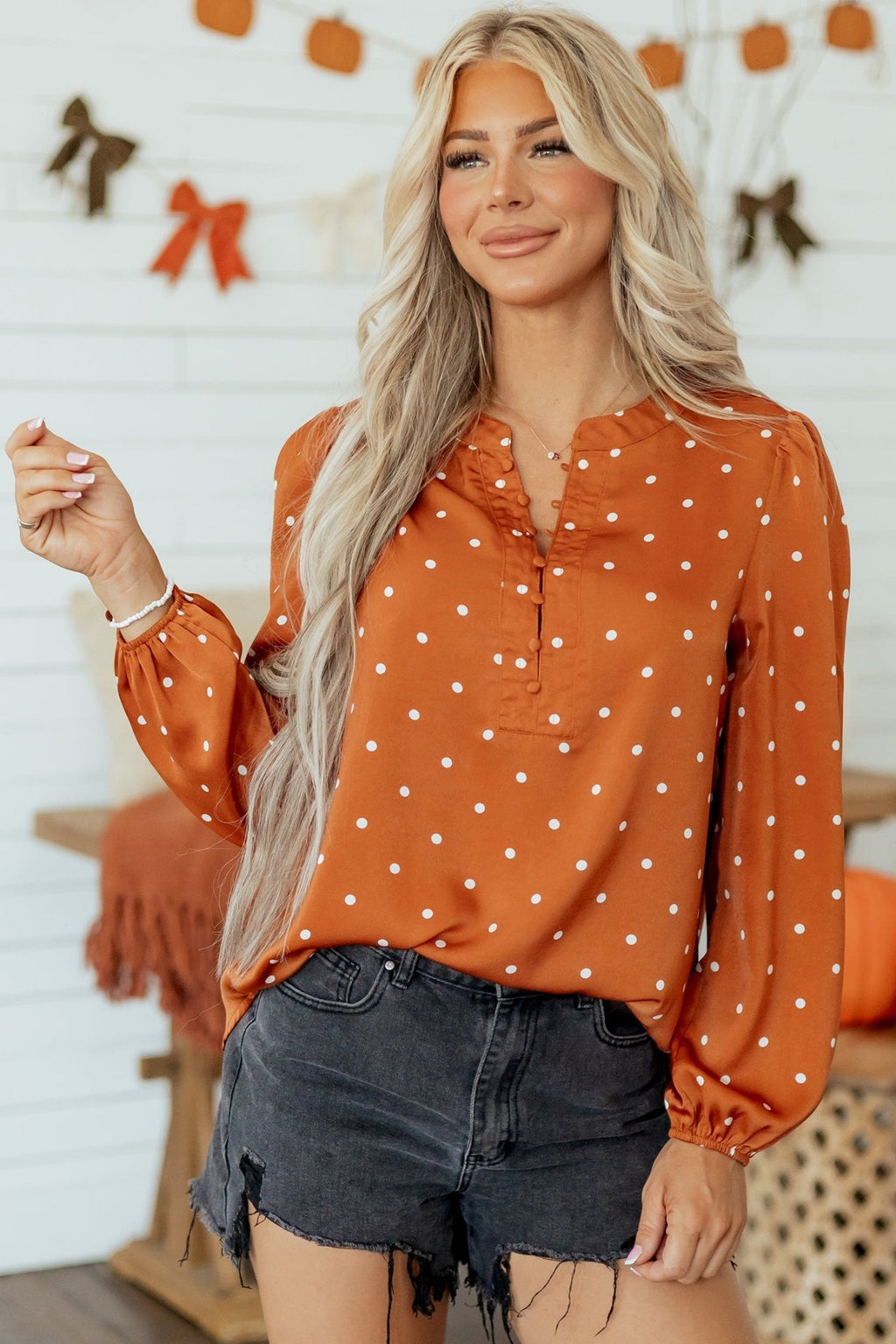Polka Dot Half Button V-Neck Long Sleeve Blouse - Rooted & Reckless Co.
