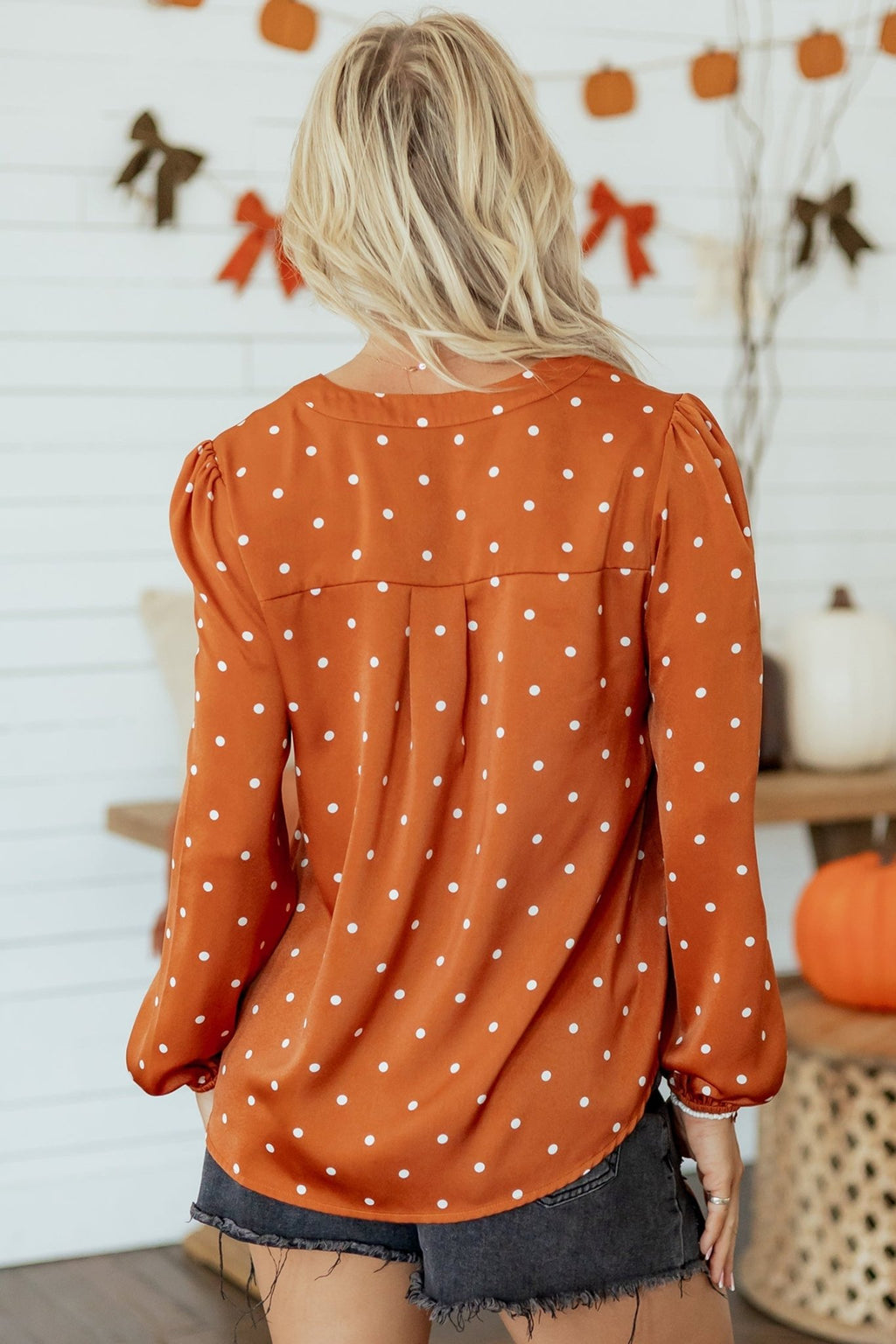 Polka Dot Half Button V-Neck Long Sleeve Blouse - Rooted & Reckless Co.