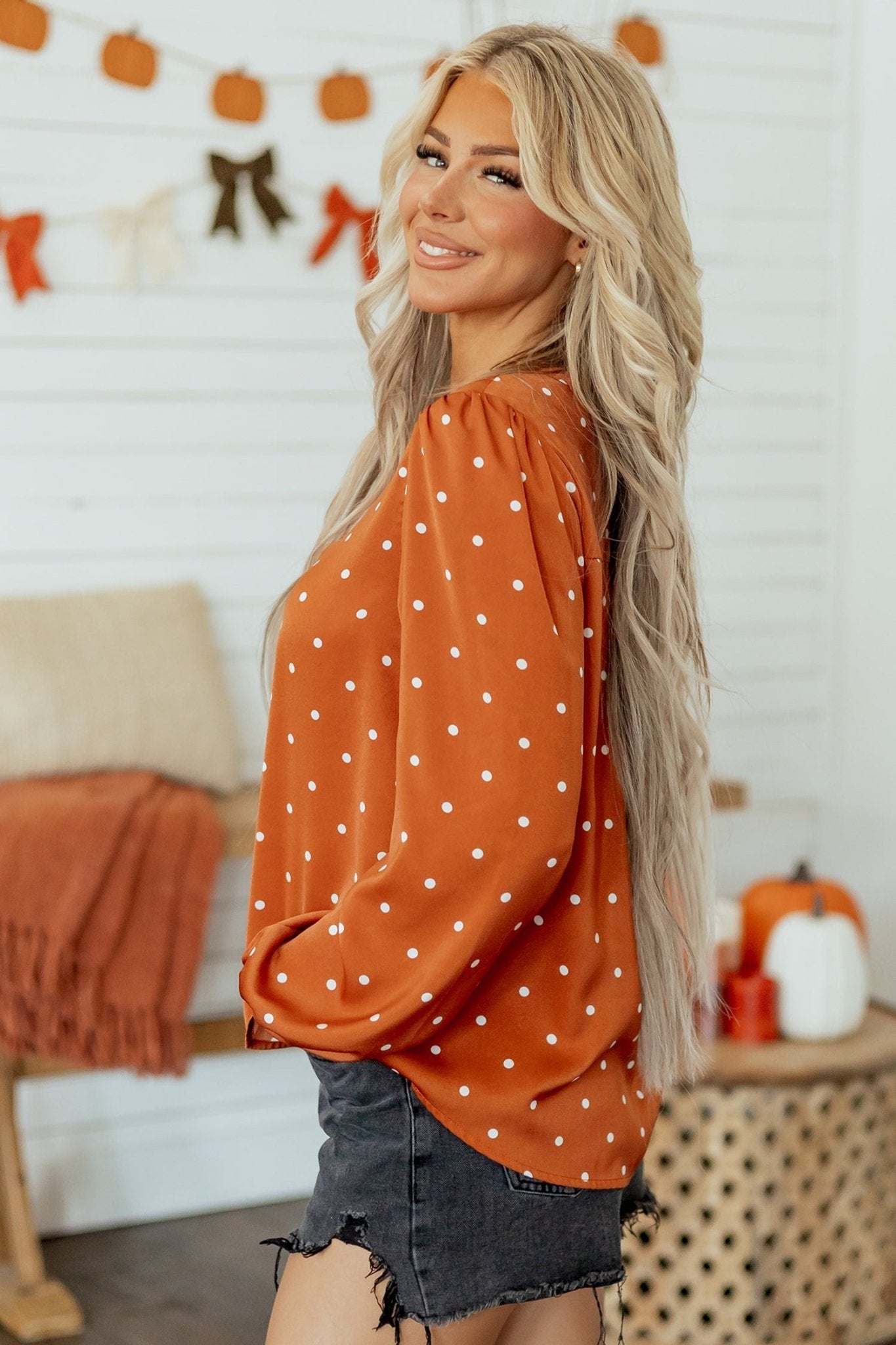 Polka Dot Half Button V-Neck Long Sleeve Blouse - Rooted & Reckless Co.