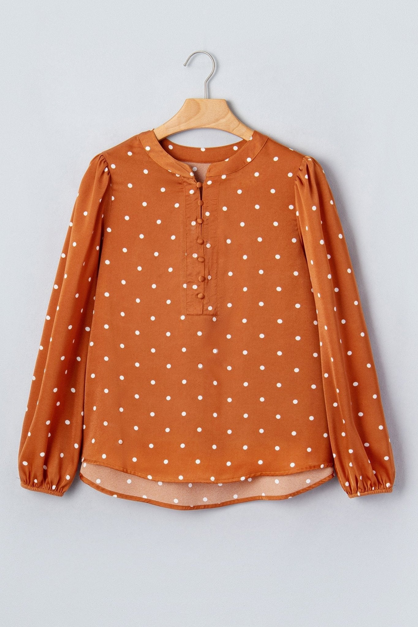 Polka Dot Half Button V-Neck Long Sleeve Blouse - Rooted & Reckless Co.