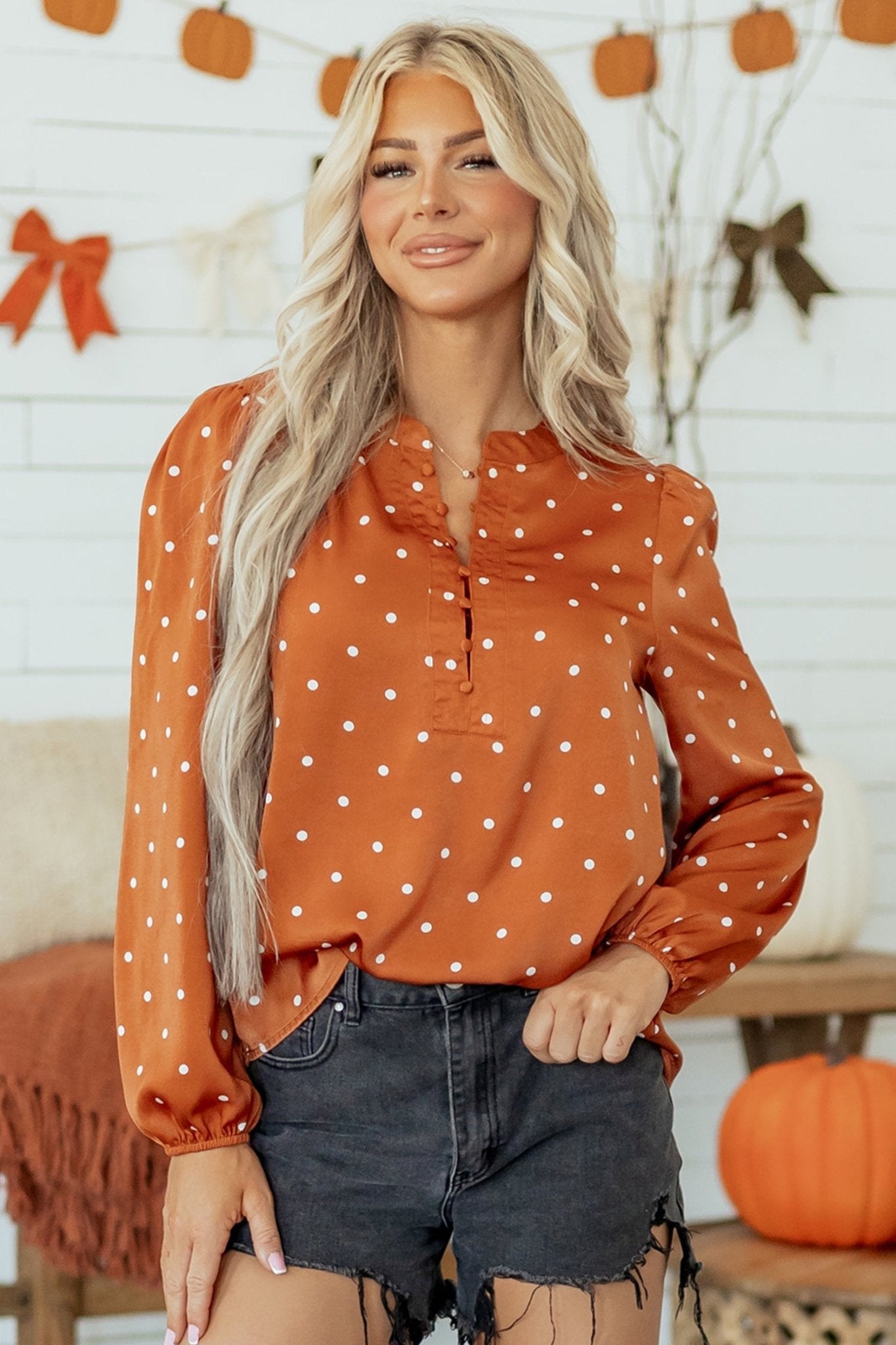 Polka Dot Half Button V-Neck Long Sleeve Blouse - Rooted & Reckless Co.