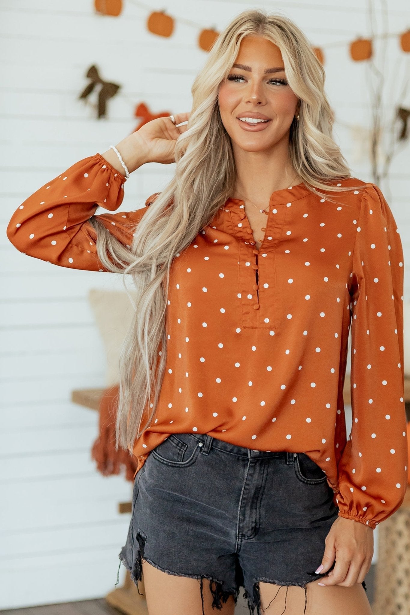 Polka Dot Half Button V-Neck Long Sleeve Blouse - Rooted & Reckless Co.