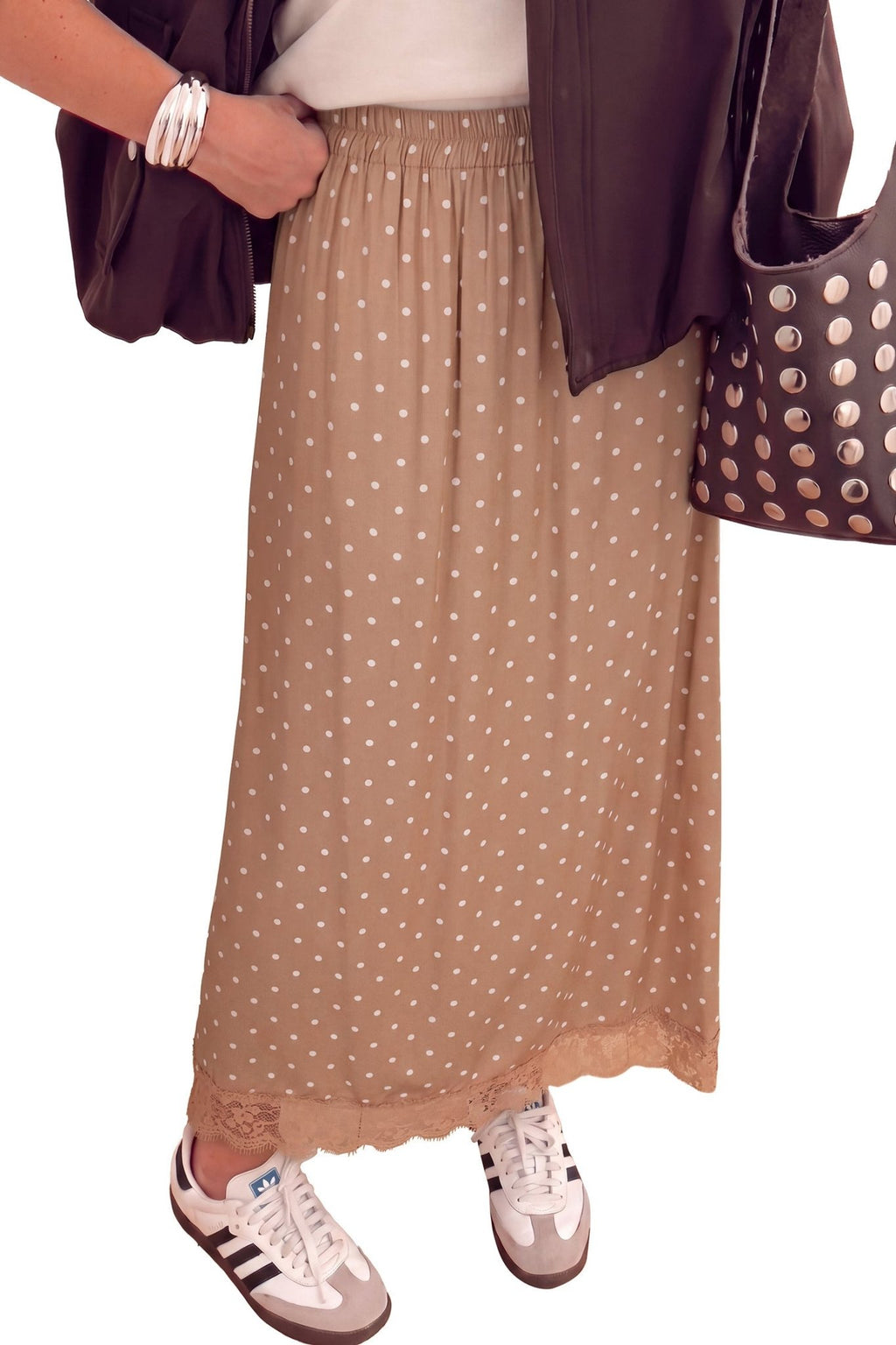 Polka Dot Lace Hem Midi Skirt - Rooted & Reckless Co.