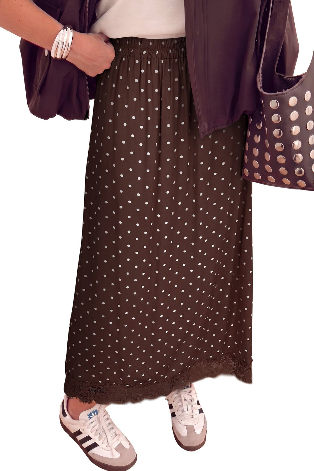 Polka Dot Lace Hem Midi Skirt - Rooted & Reckless Co.