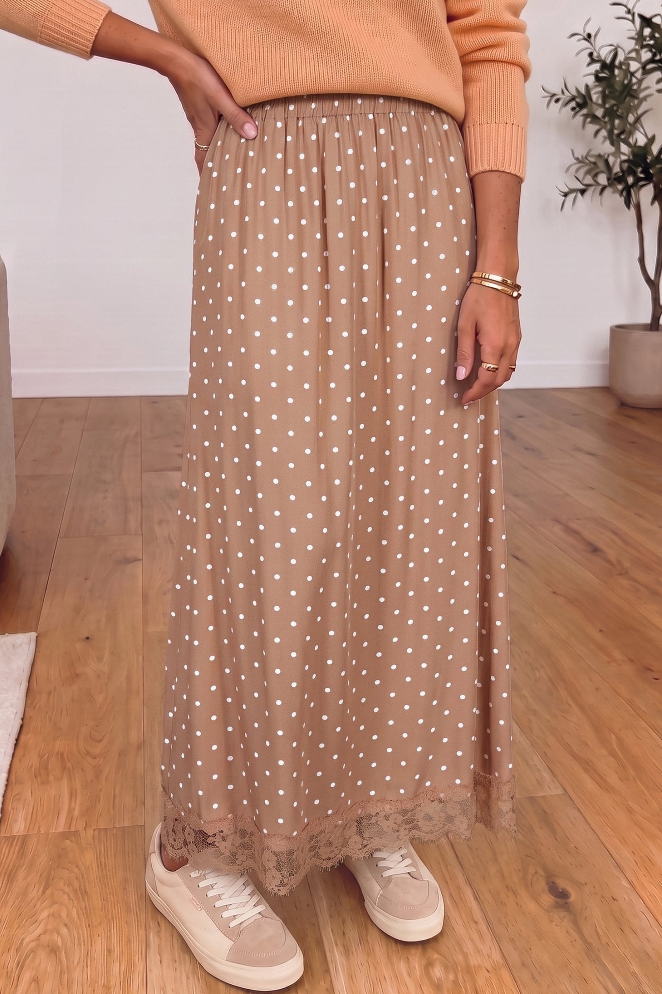 Polka Dot Lace Hem Midi Skirt - Rooted & Reckless Co.