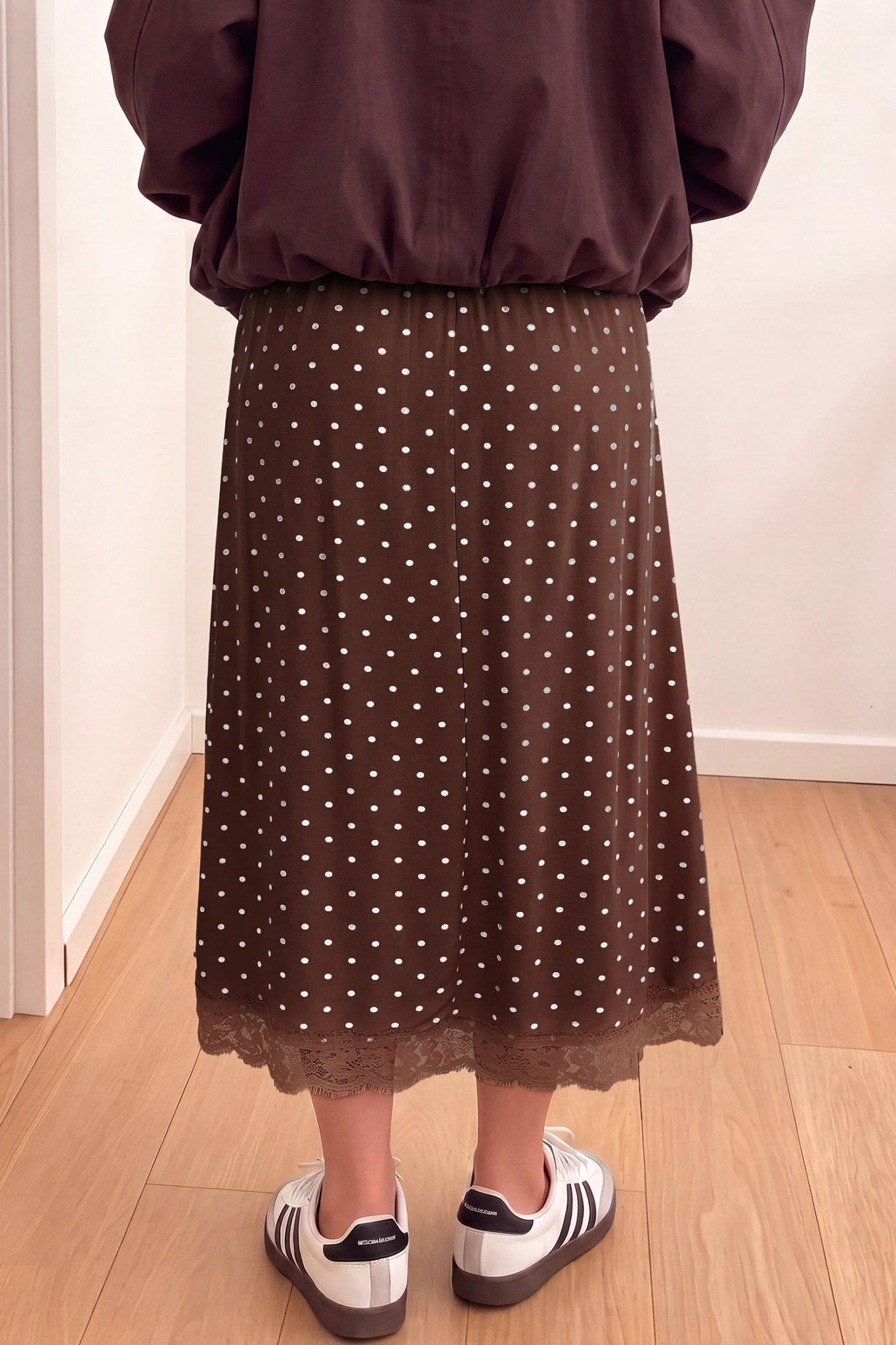 Polka Dot Lace Hem Midi Skirt - Rooted & Reckless Co.