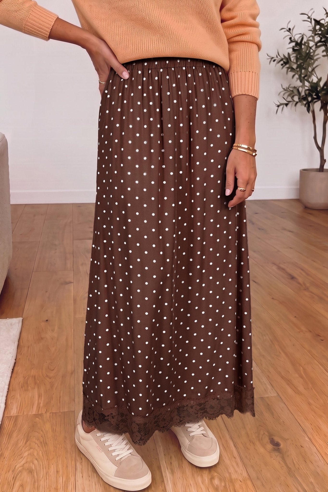 Polka Dot Lace Hem Midi Skirt - Rooted & Reckless Co.