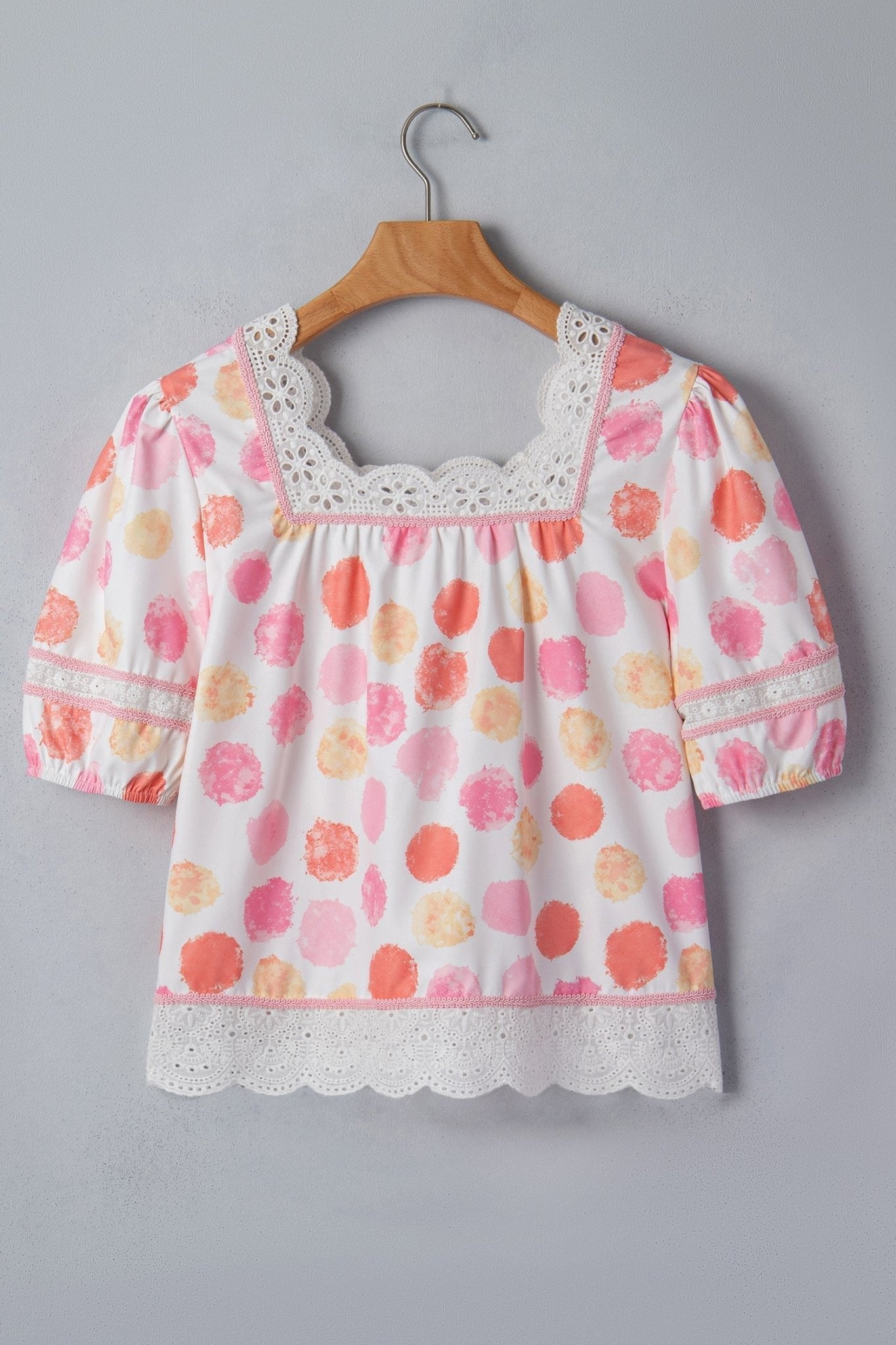 Polka Dot Lace Trim Square Neck Puff Sleeve Blouse - Rooted & Reckless Co.