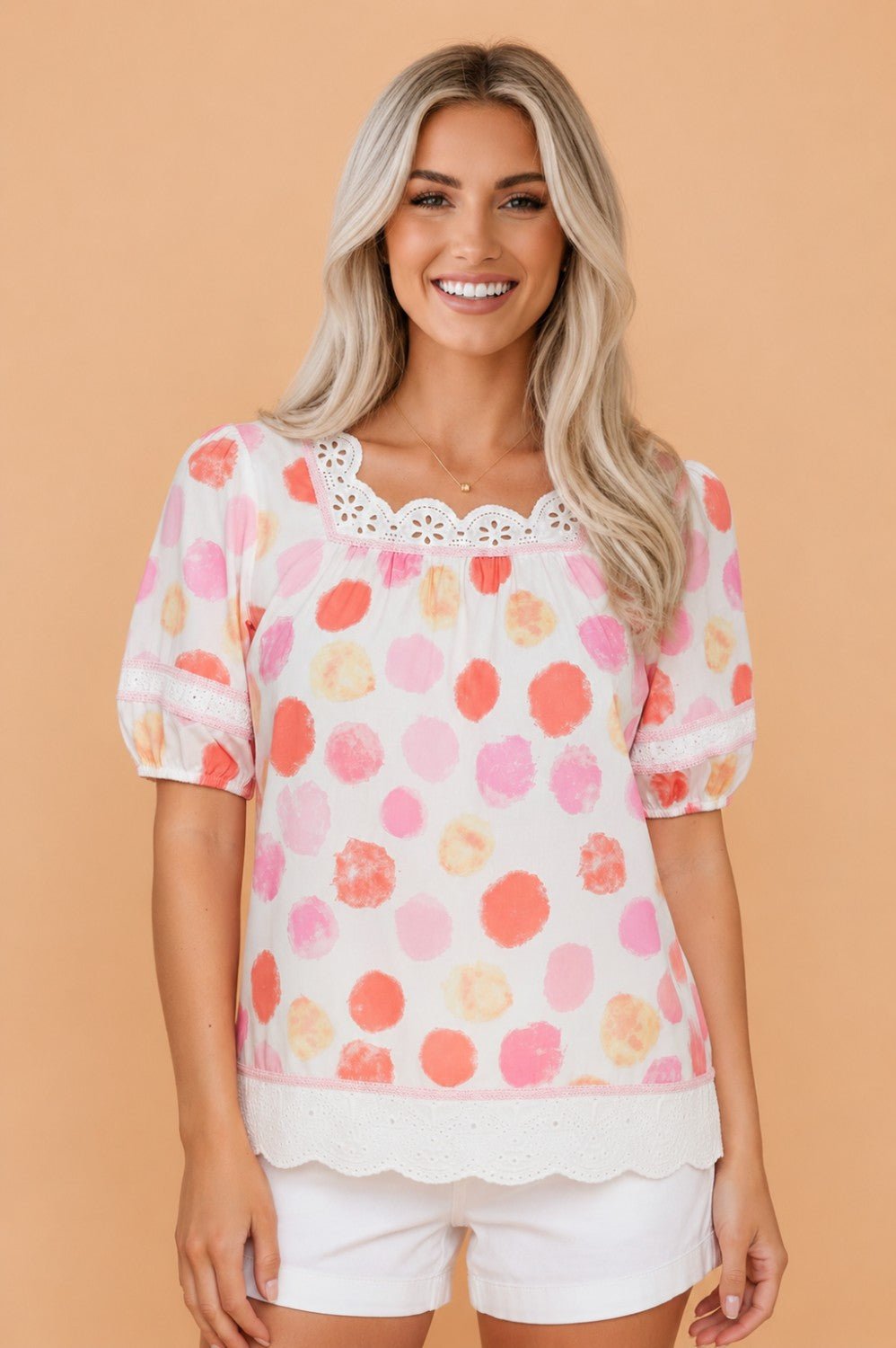 Polka Dot Lace Trim Square Neck Puff Sleeve Blouse - Rooted & Reckless Co.