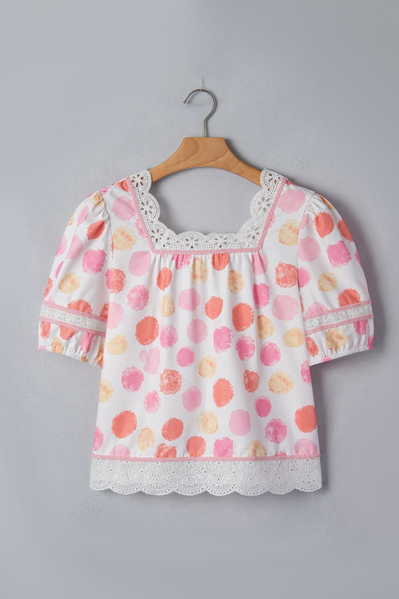 Polka Dot Lace Trim Square Neck Puff Sleeve Blouse - Rooted & Reckless Co.