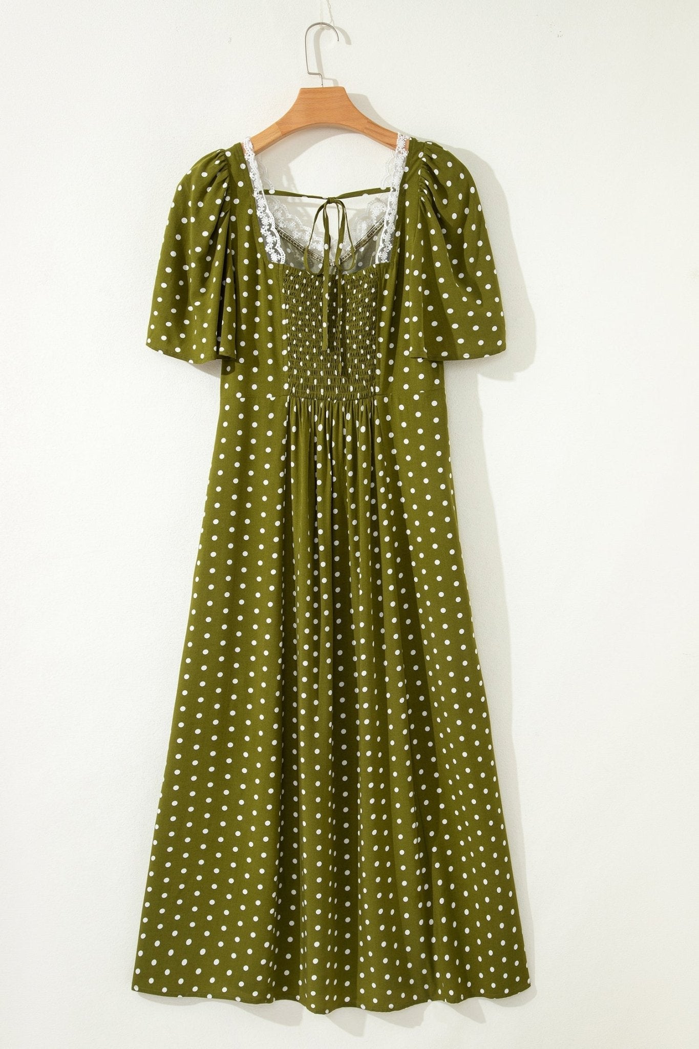 Polka Dot Lace V-Neck Smocked Maxi Dress - Rooted & Reckless Co.