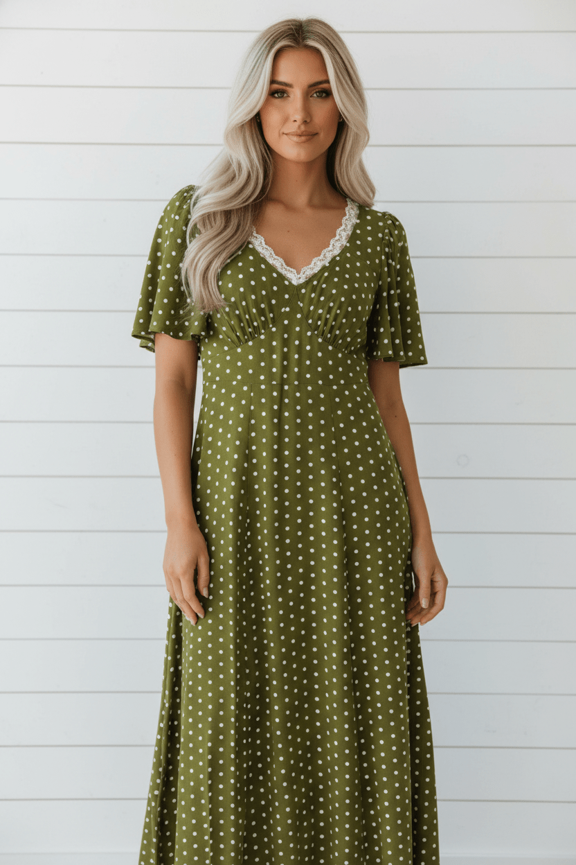 Polka Dot Lace V-Neck Smocked Maxi Dress - Rooted & Reckless Co.