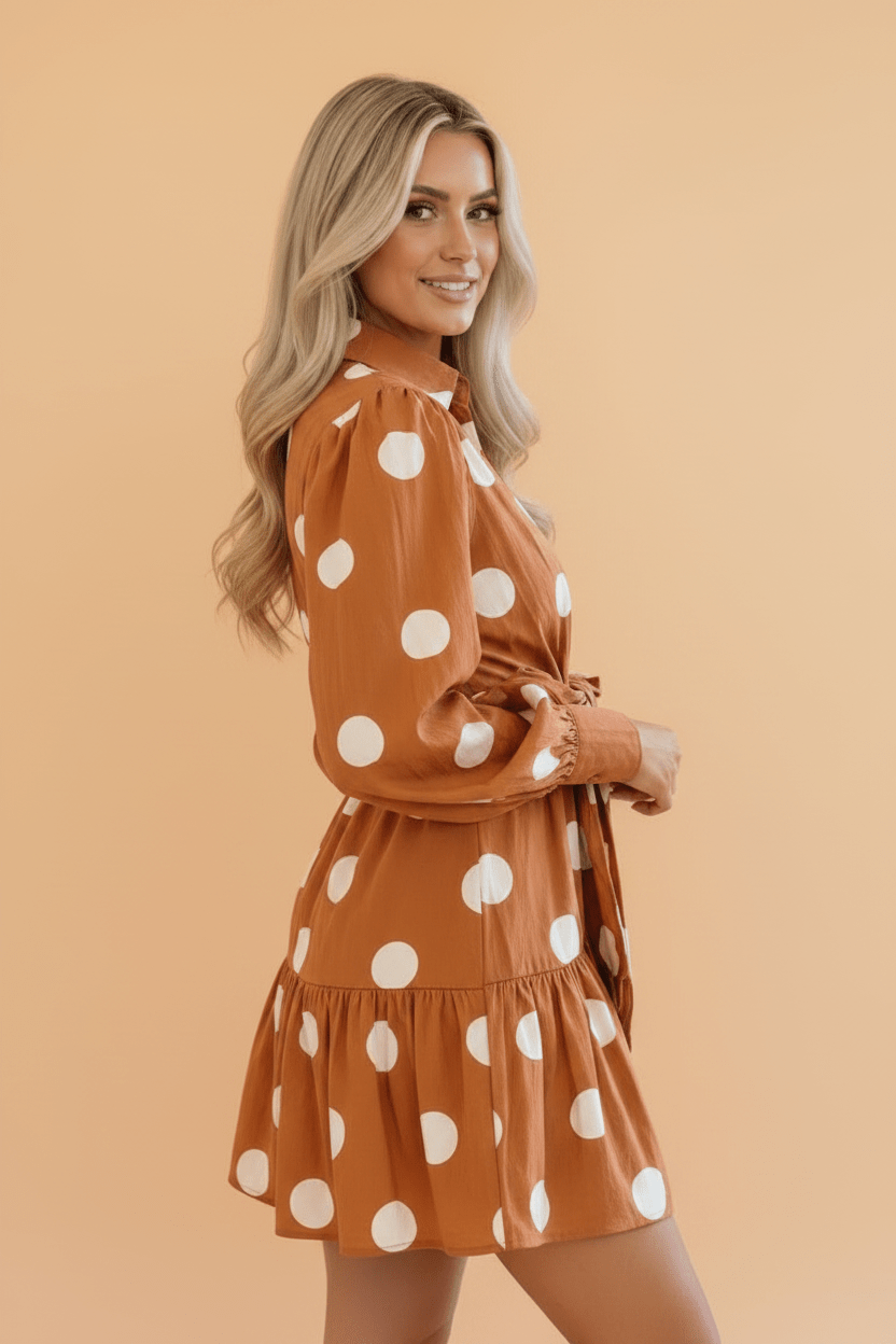 Polka Dot Long Sleeve Tie Waist Mini Dress - Rooted & Reckless Co.