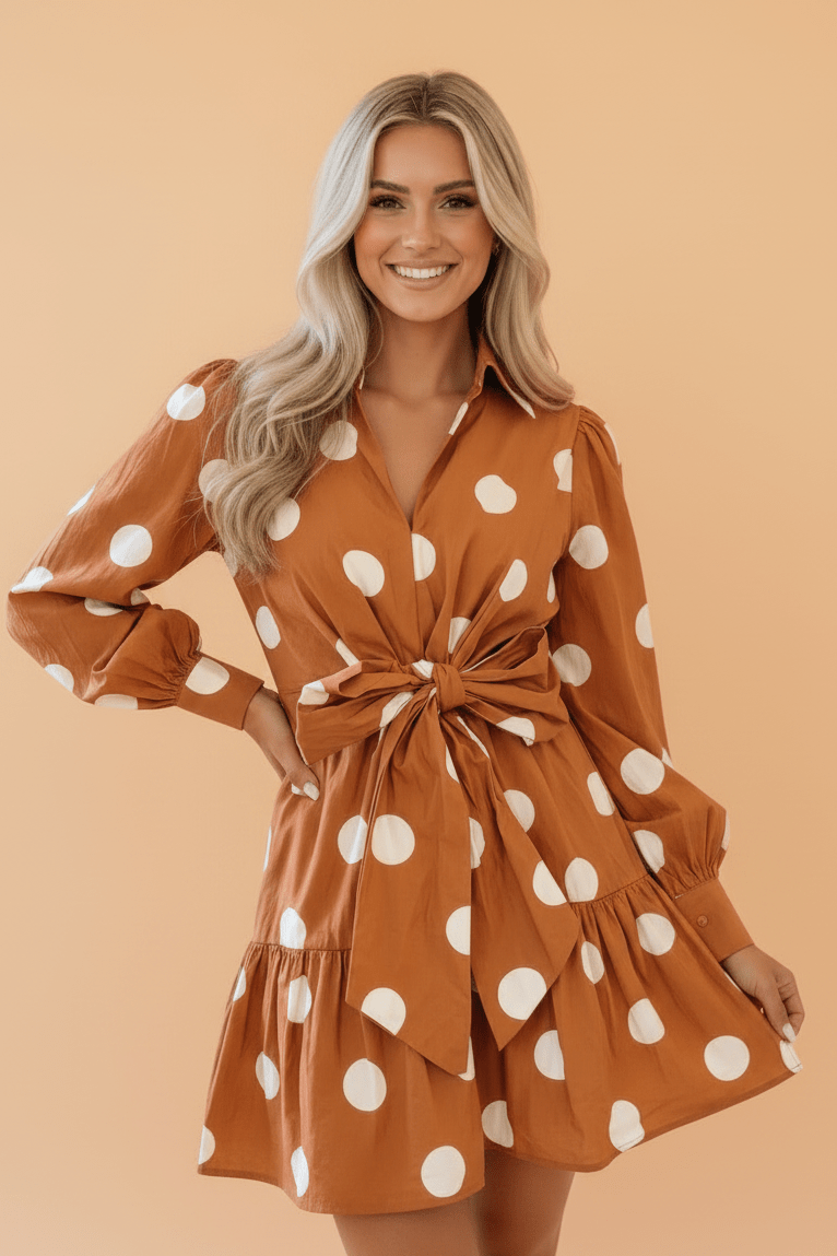 Polka Dot Long Sleeve Tie Waist Mini Dress - Rooted & Reckless Co.
