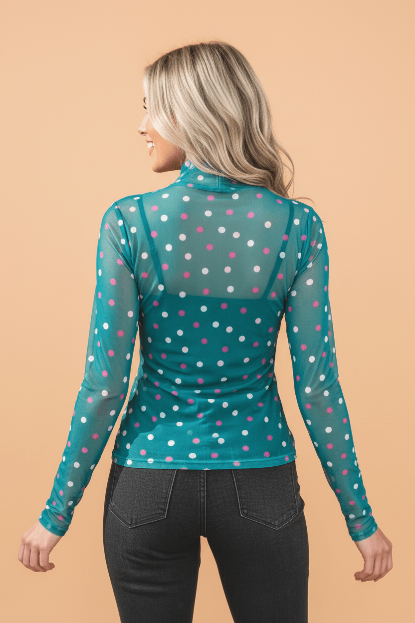 Polka Dot Mesh Bodycon Mock Neck Top - Rooted & Reckless Co.