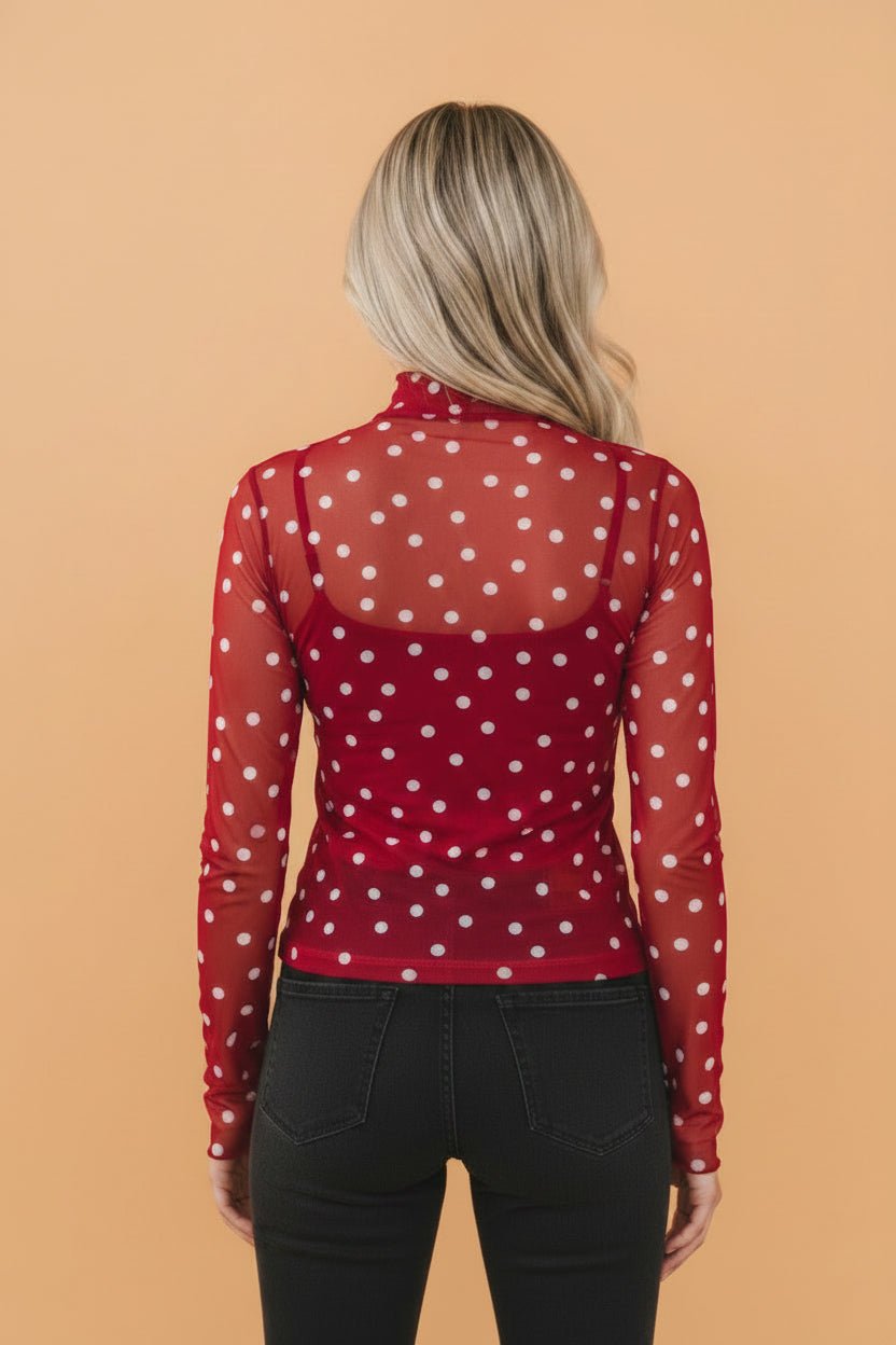 Polka Dot Mesh Bodycon Mock Neck Top - Rooted & Reckless Co.