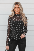 Polka Dot Mesh Mock Neck Long Sleeve Top - Rooted & Reckless Co.