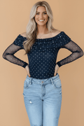 Polka Dot Mesh Off Shoulder Long Sleeve Top - Rooted & Reckless Co.