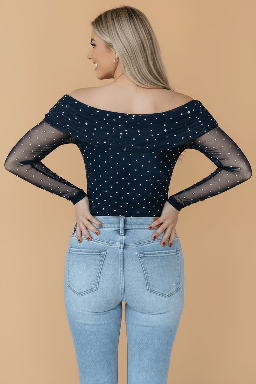 Polka Dot Mesh Off Shoulder Long Sleeve Top - Rooted & Reckless Co.