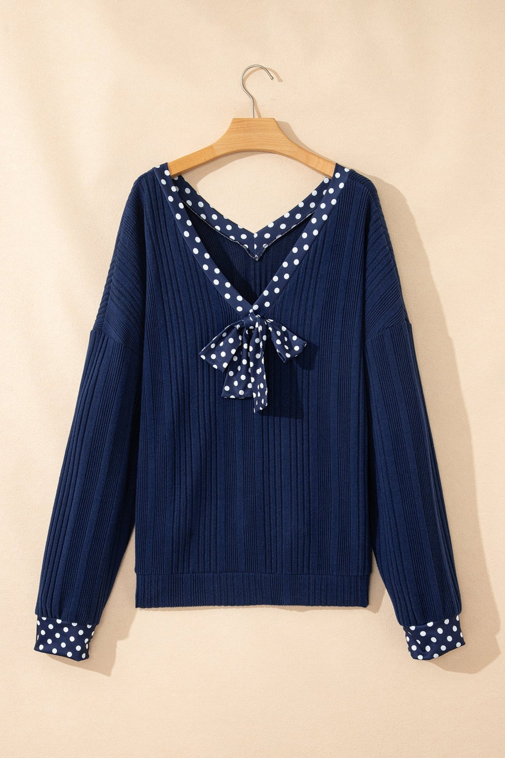 Polka Dot Patchwork Bow Tie V-Neck Top - Rooted & Reckless Co.