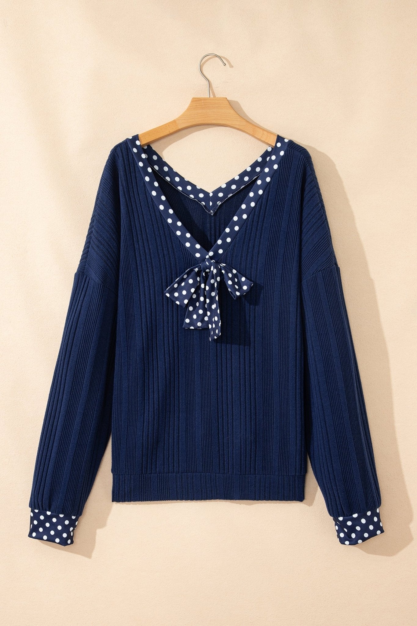 Polka Dot Patchwork Bow Tie V-Neck Top - Rooted & Reckless Co.