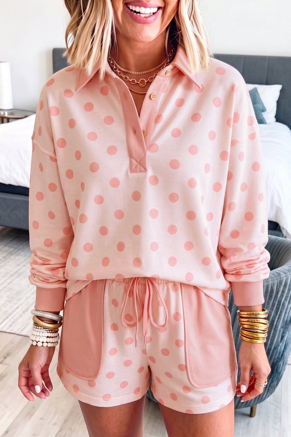 Polka Dot Polo Pullover & Elastic Waist Shorts Set - Rooted & Reckless Co.