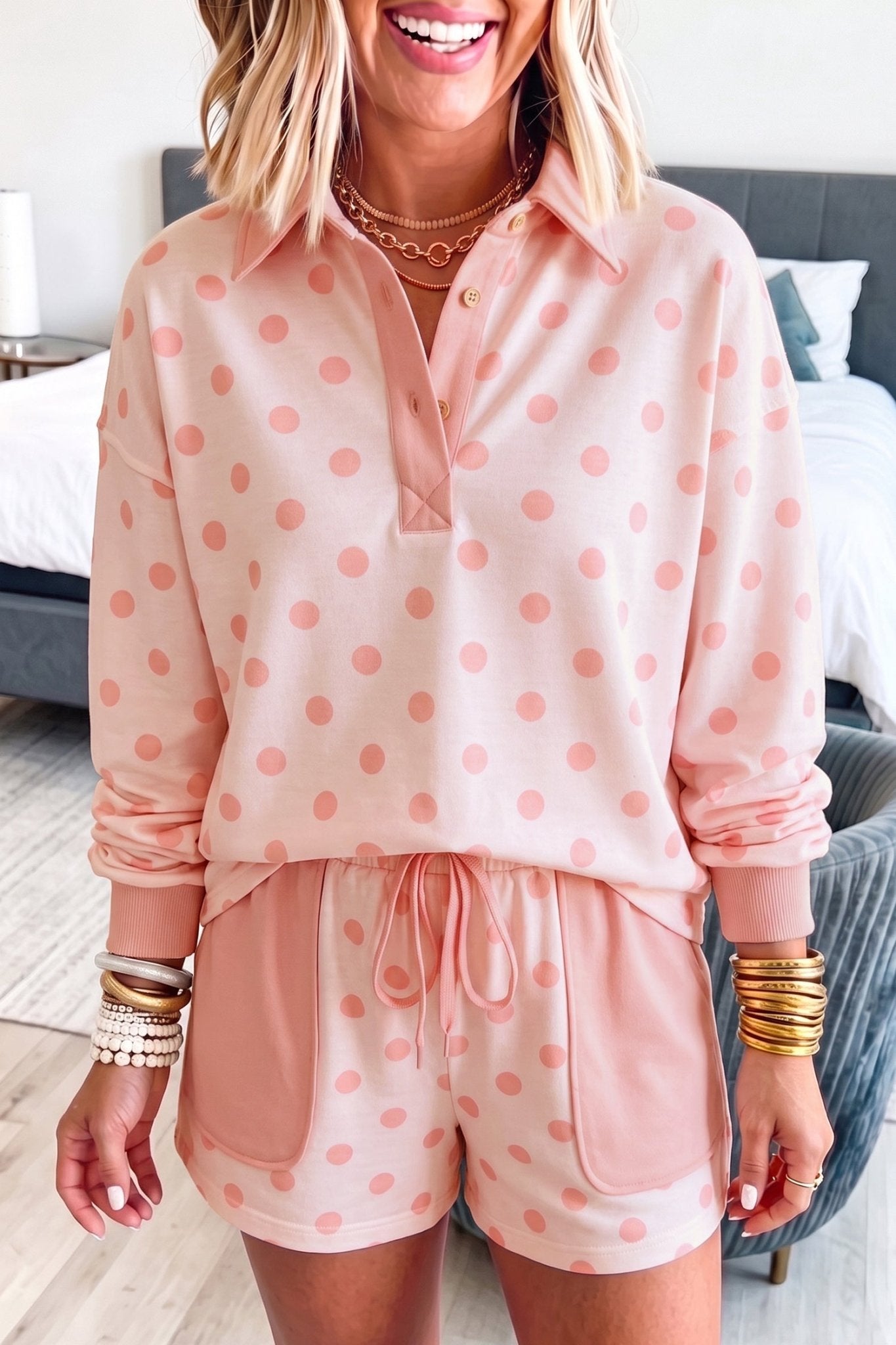 Polka Dot Polo Pullover & Elastic Waist Shorts Set - Rooted & Reckless Co.