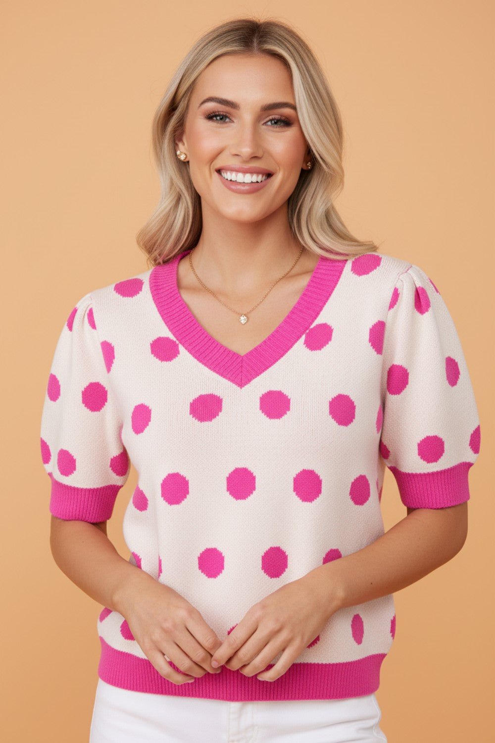 Polka Dot Puff Short Sleeve Sweater Top - Rooted & Reckless Co.
