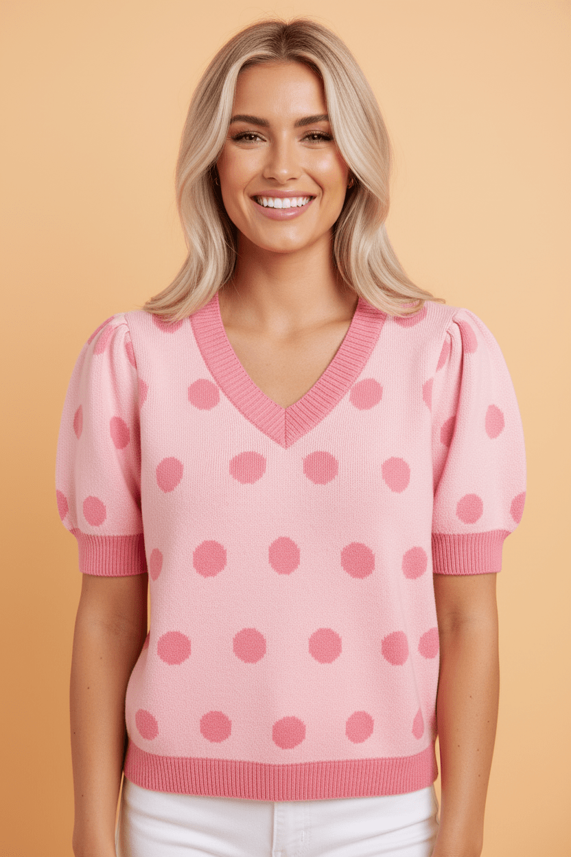 Polka Dot Puff Short Sleeve V-Neck Sweater - Rooted & Reckless Co.