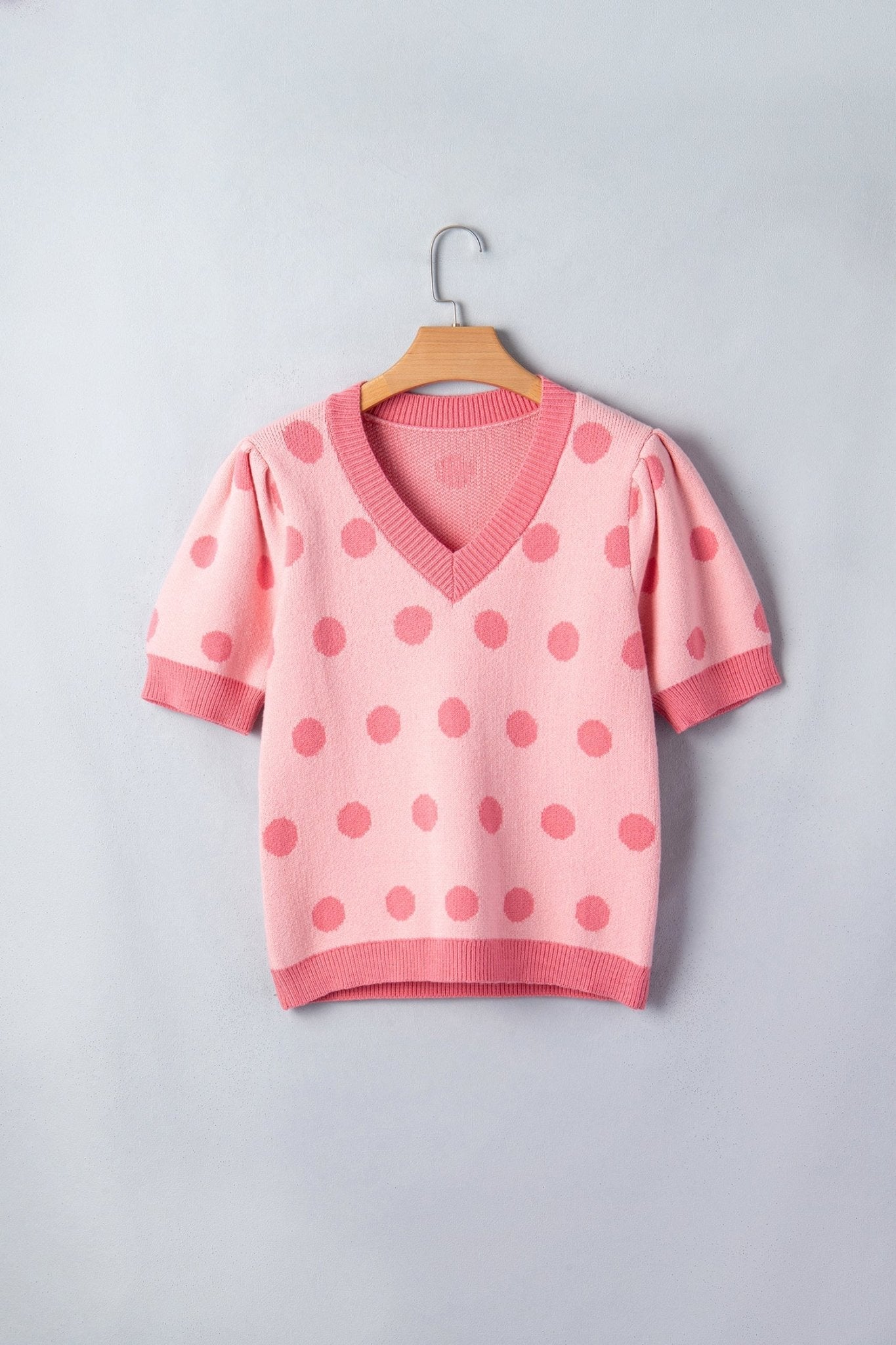 Polka Dot Puff Short Sleeve V-Neck Sweater - Rooted & Reckless Co.