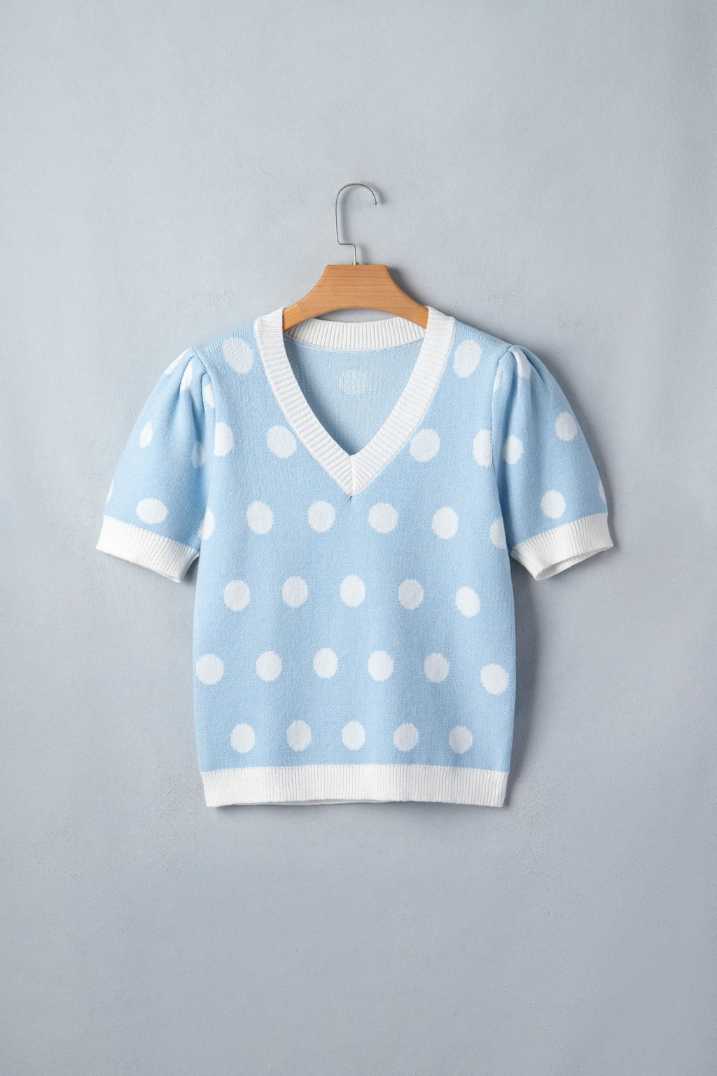 Polka Dot Puff Short Sleeve V-Neck Sweater - Rooted & Reckless Co.