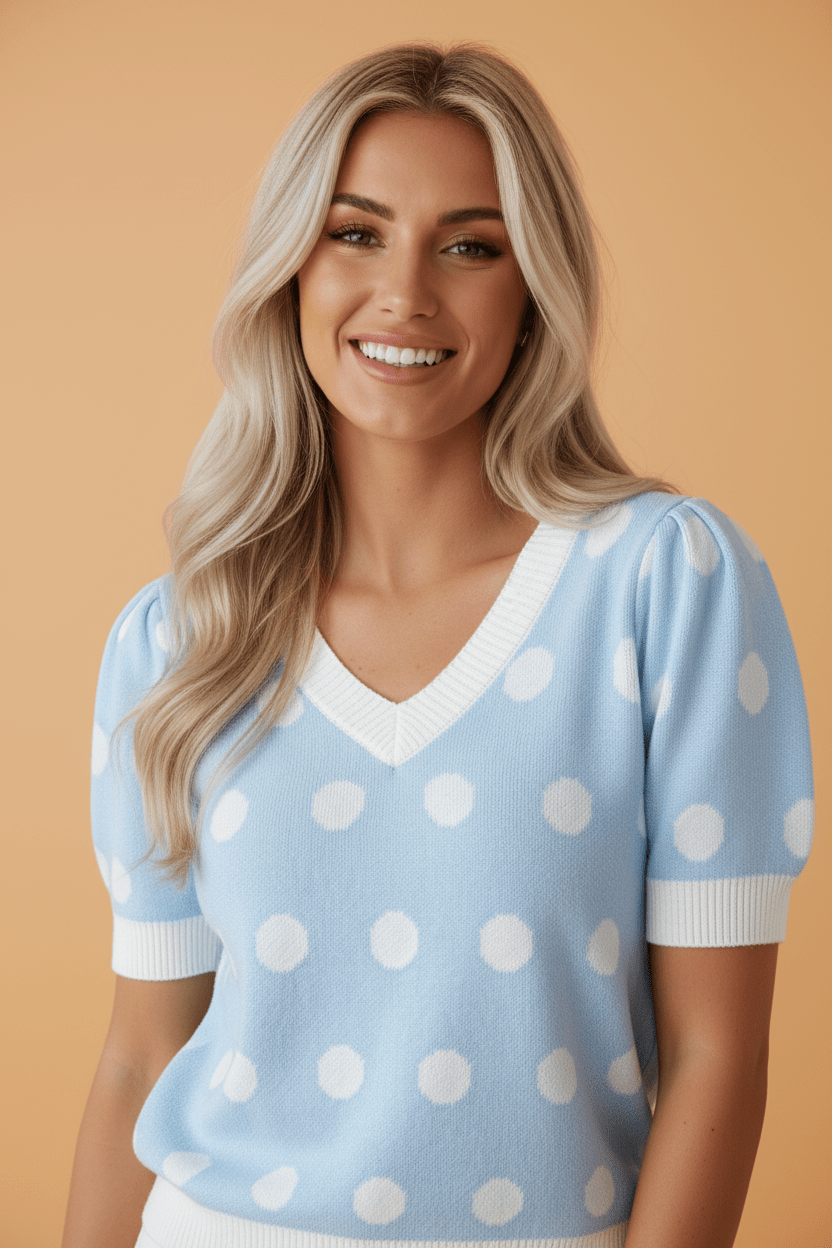 Polka Dot Puff Short Sleeve V-Neck Sweater - Rooted & Reckless Co.