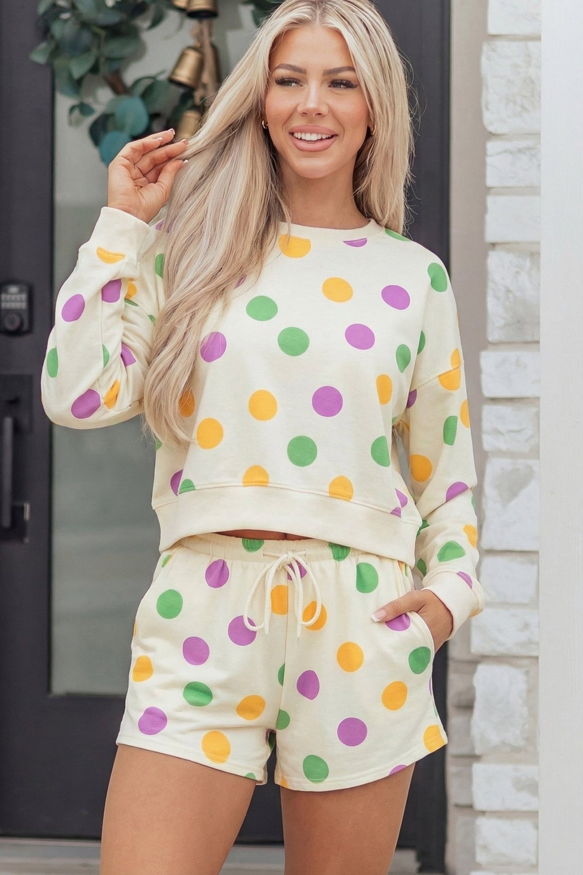 Polka Dot Pullover and Drawstring Shorts Set - Rooted & Reckless Co.