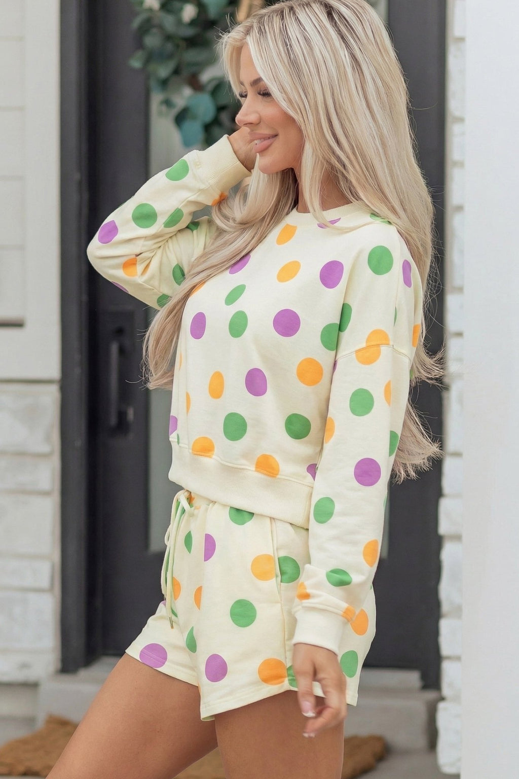 Polka Dot Pullover and Drawstring Shorts Set - Rooted & Reckless Co.