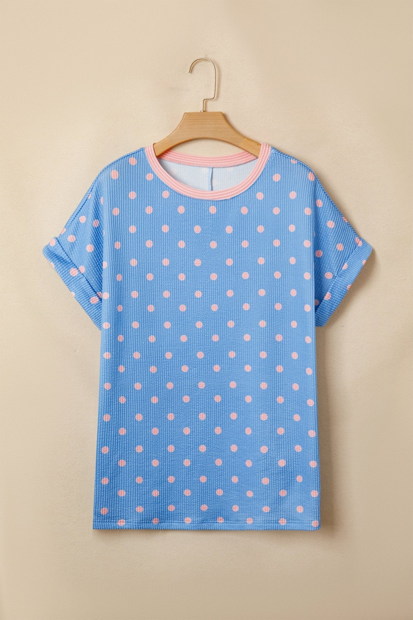 Polka Dot Raised Rib Cuffed Short Sleeve Top - Rooted & Reckless Co.