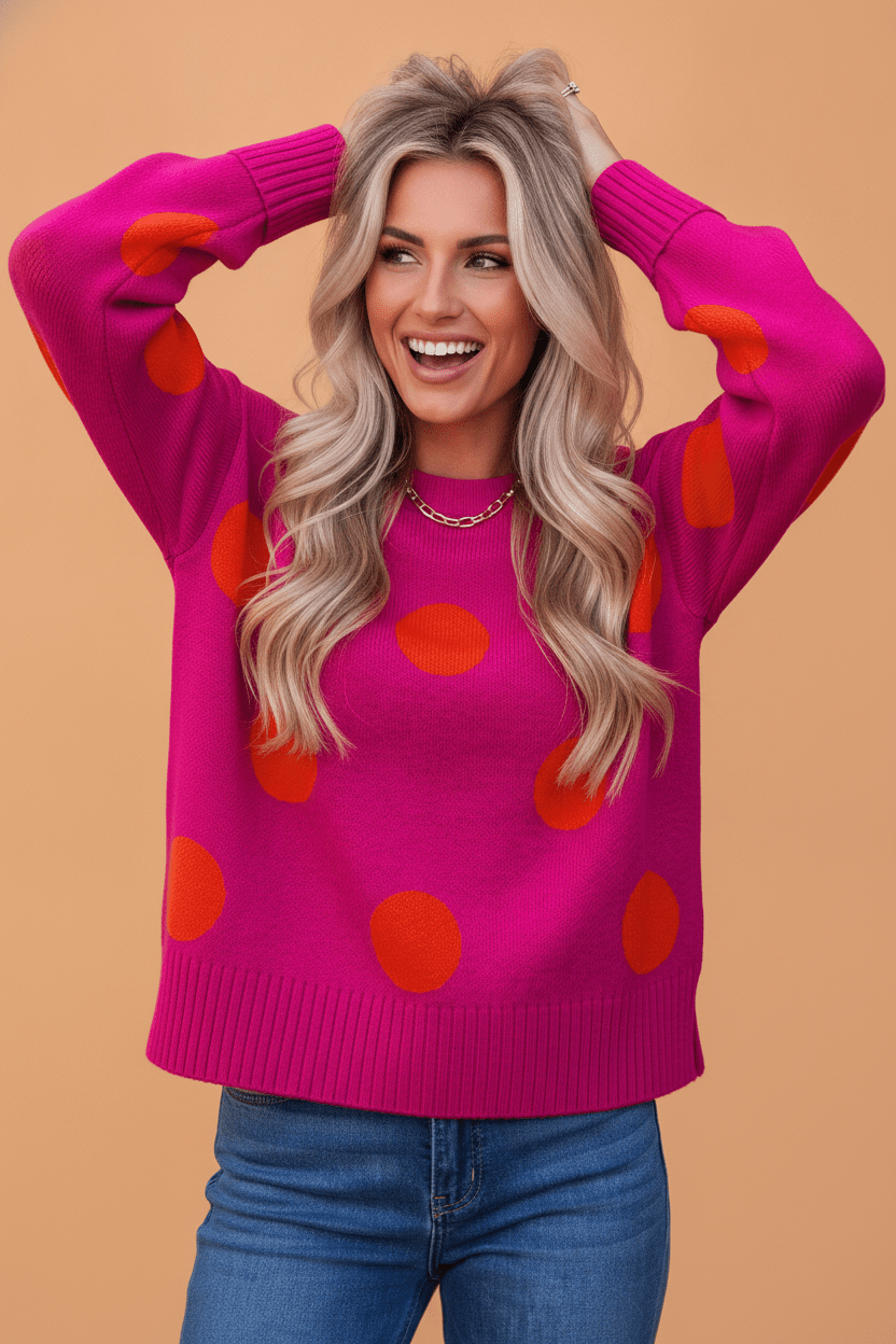 Polka Dot Ribbed Trim Round Neck Sweater - Rooted & Reckless Co.